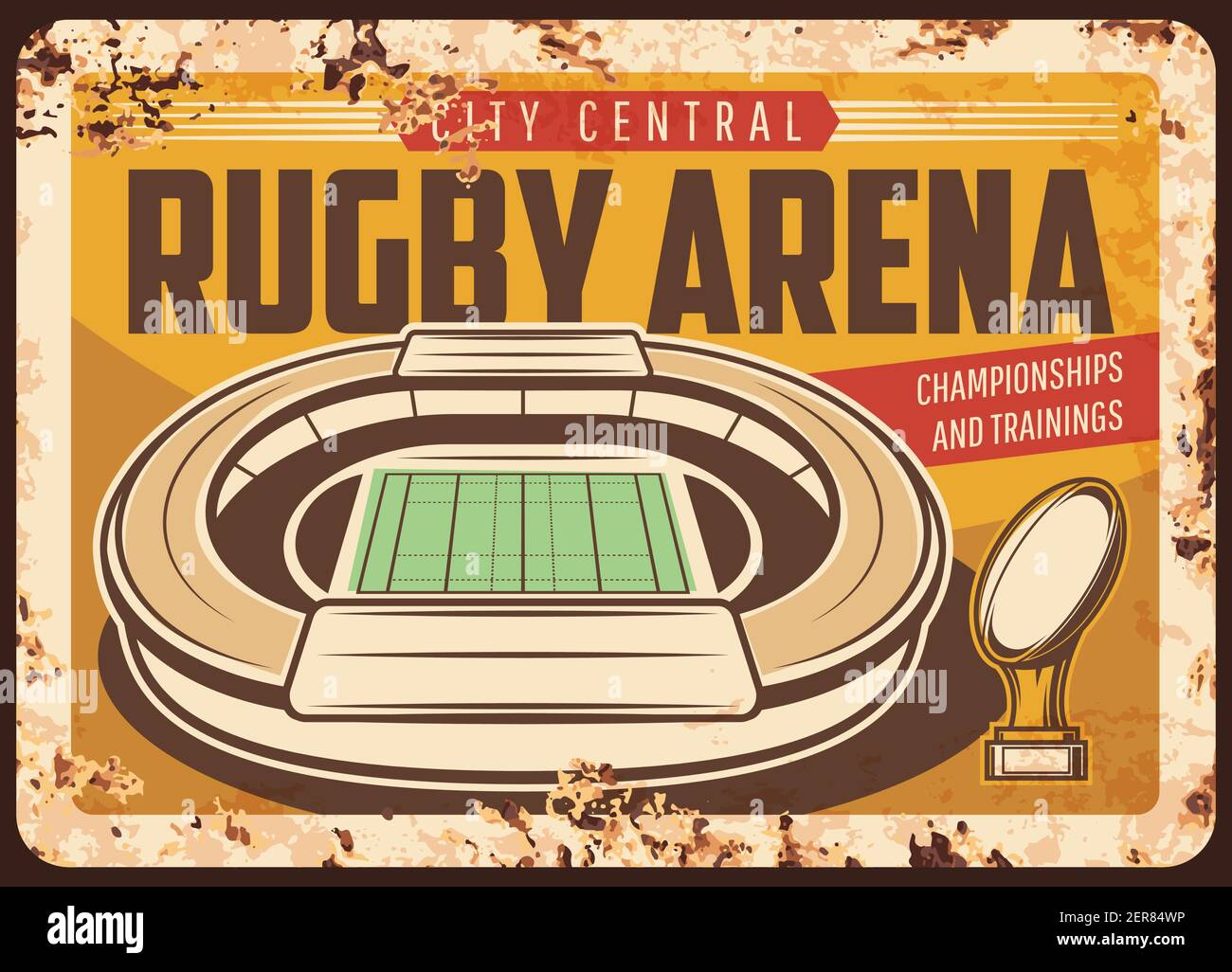 Rugby arena arrugginita piatto vettoriale in metallo. Edificio sportivo con campo da gioco o campo da gioco, coppa d'oro con palla di quanco su stand e tipografia. Rugby Illustrazione Vettoriale