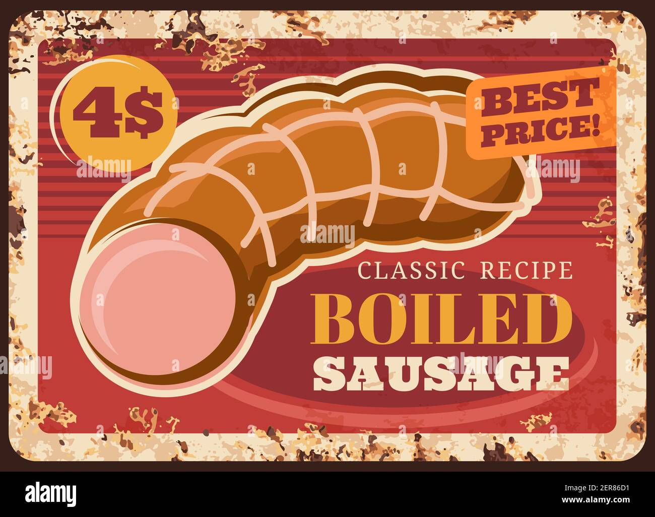 Salsiccia bollita arrugginita piastra di metallo, vettore kielbasa annata arrugginito segno retrò stagno, macellaio produzione pasto delicatessen, mercato wurst, barbecue o. Illustrazione Vettoriale
