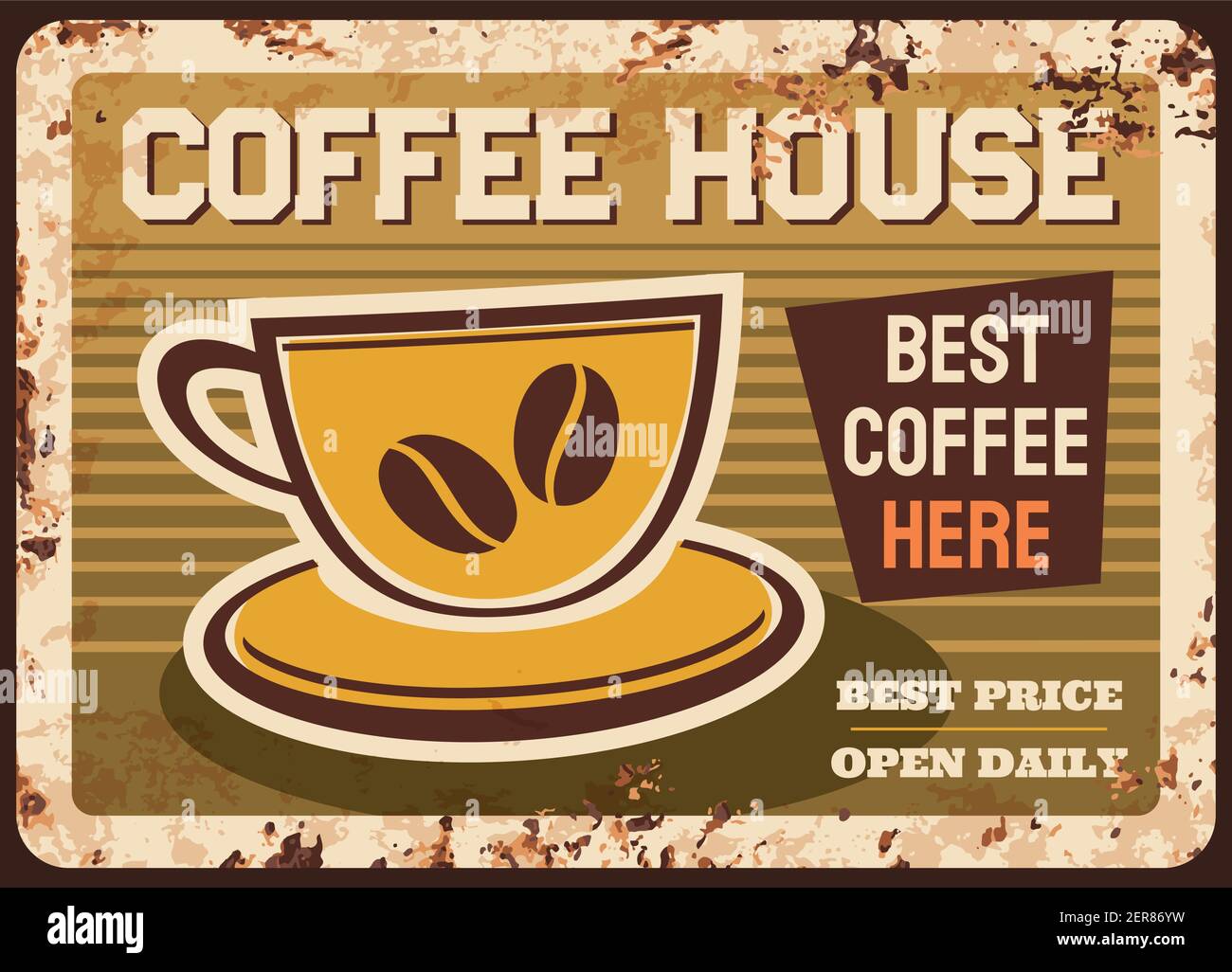 Caffè casa metallo piatto ruggine, caffè bar segno del menu e poster retrò, vettore. Caffè caffetteria colazione bevande calde, caffè espresso o cappuccino tazza wit Illustrazione Vettoriale