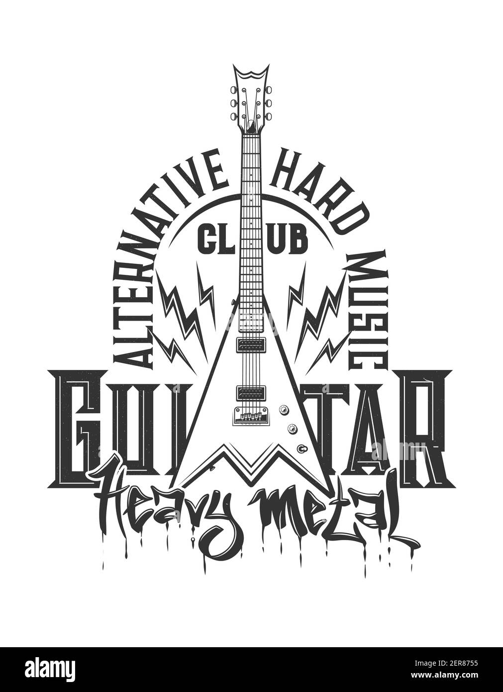 Stampa TShirt con chitarra elettrica, emblema vettoriale per il design di abbigliamento di club o band heavy metal o rock. Stampa T-shirt con alternativa tipografica Illustrazione Vettoriale Stampa TShirt con chitarra elettrica, emblema vettoriale per il design di abbigliamento di club o band heavy metal o rock. Stampa T-shirt con alternativa tipografica Illustrazione Vettoriale