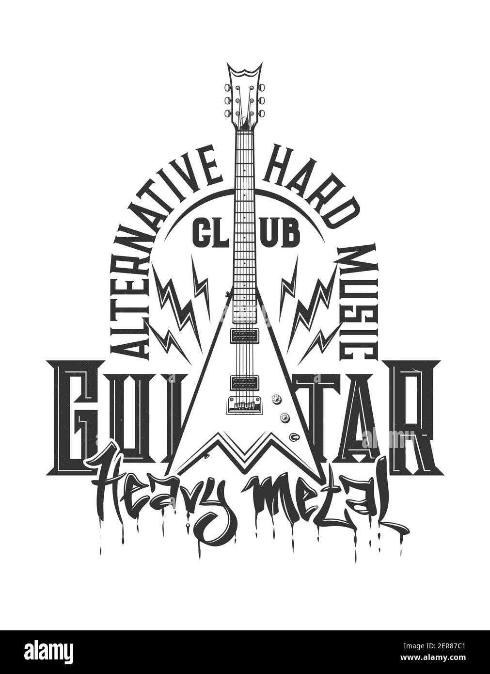 Stampa TShirt con chitarra elettrica, emblema vettoriale per il design di abbigliamento di club o band heavy metal o rock. Stampa T-shirt con alternativa tipografica Illustrazione Vettoriale Stampa TShirt con chitarra elettrica, emblema vettoriale per il design di abbigliamento di club o band heavy metal o rock. Stampa T-shirt con alternativa tipografica Illustrazione Vettoriale