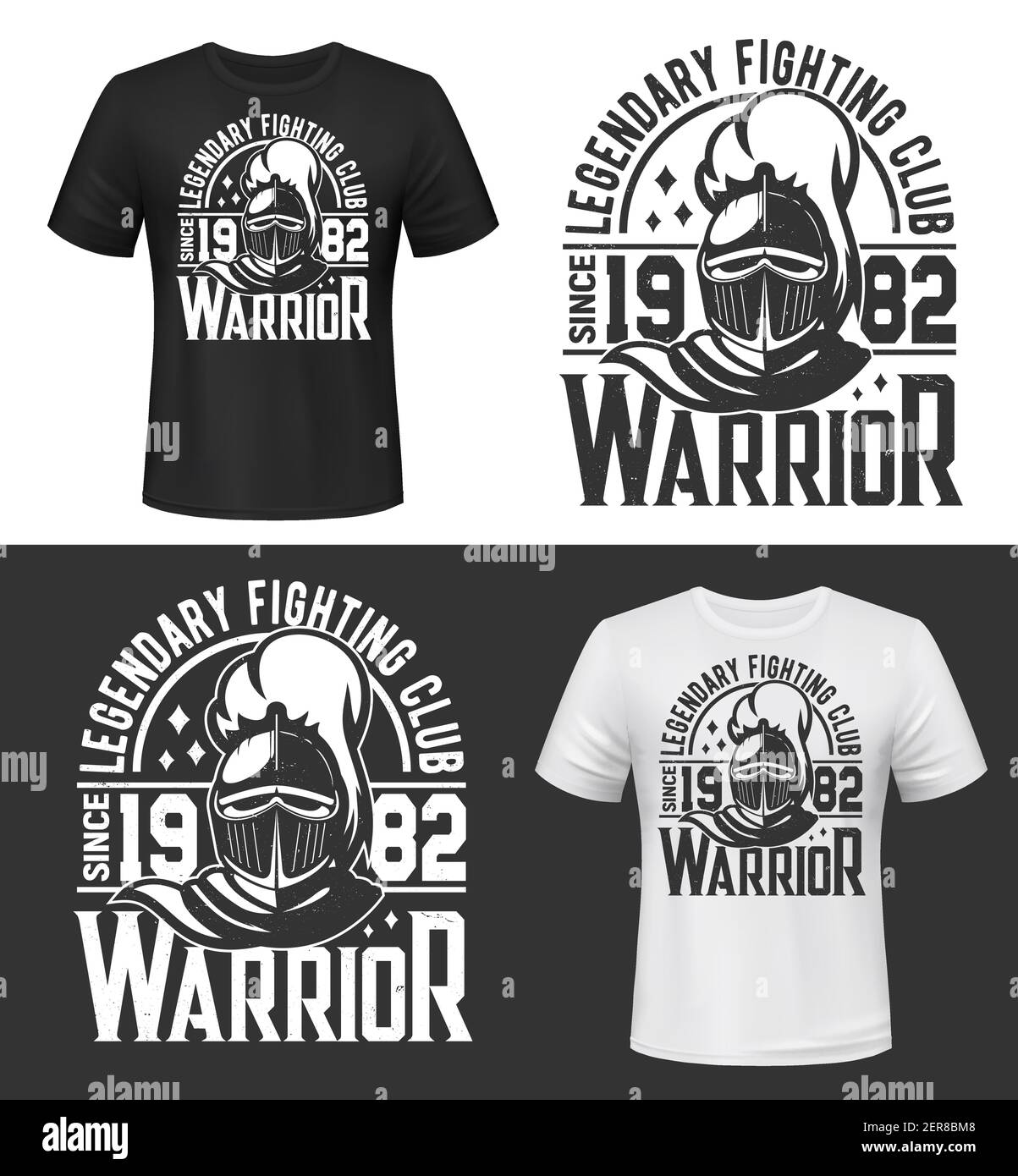 Stampa TShirt con mascotte vettoriale testa cavaliere per club di combattimento. Abito mockup con romano o greco gladiatore soldato o guerriero in casco con piumaggio Illustrazione Vettoriale