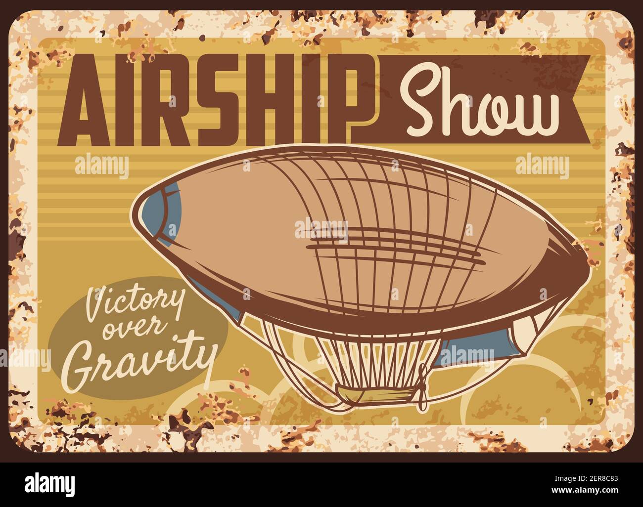 Airship mostra arrugginito metallo piatto, vettore dirigible, vintage zeppelin aereo trasporto segno di ruggine stagno. Storico airship mostra poster retrò, grunge design in Illustrazione Vettoriale