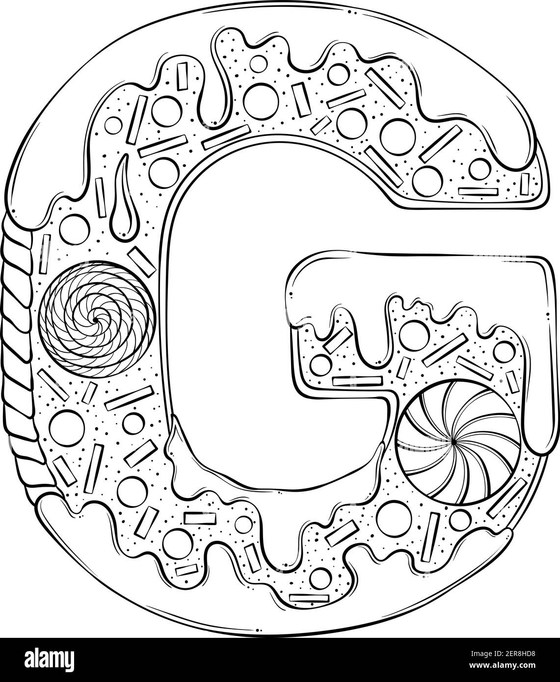 Lettera G. Gingerbread Cookies sotto forma di lettere. Font vettoriale cartoon realizzato in stile grafico a linee disegnate a mano isolato su sfondo bianco. Modello con logo per lettere. Disegno di libro di colorazione. Illustrazione Vettoriale