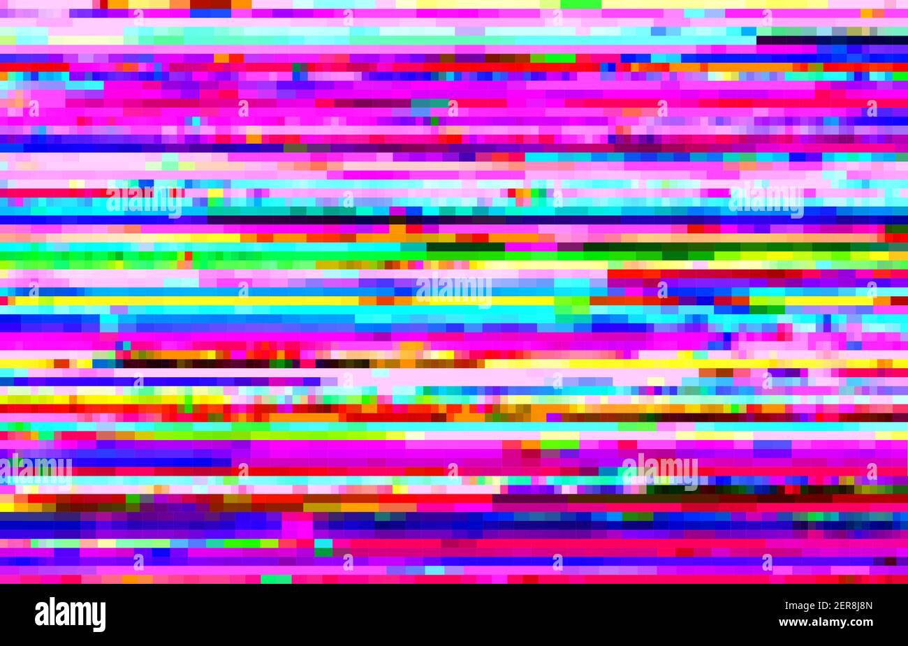 Sfondo astratto con effetto glitch, distorsione vettoriale, strisce orizzontali colorate con glitch e pixel casuali su televisore o videocamera scr Illustrazione Vettoriale