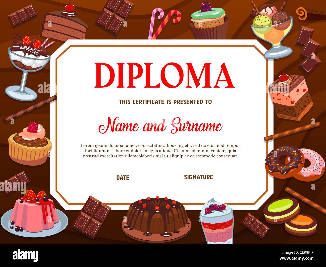 Modello vettoriale del diploma scolastico con dessert, panetteria e pasticceria. Cornice certificato con torta, gelato o budino, cupcake al cioccolato, caramelle ca Illustrazione Vettoriale
