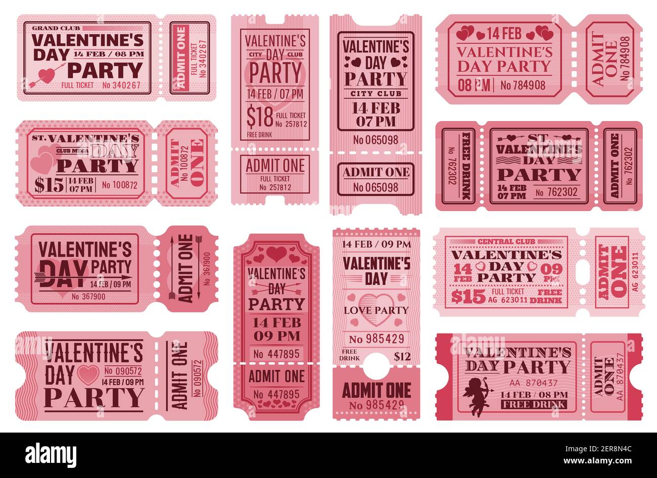 Set di modelli per i biglietti giornalieri di San Valentino. Buoni Vector retro per l'accesso a San Valentino con i simboli delle vacanze cuori, frecce, cupide con prua e separati Illustrazione Vettoriale