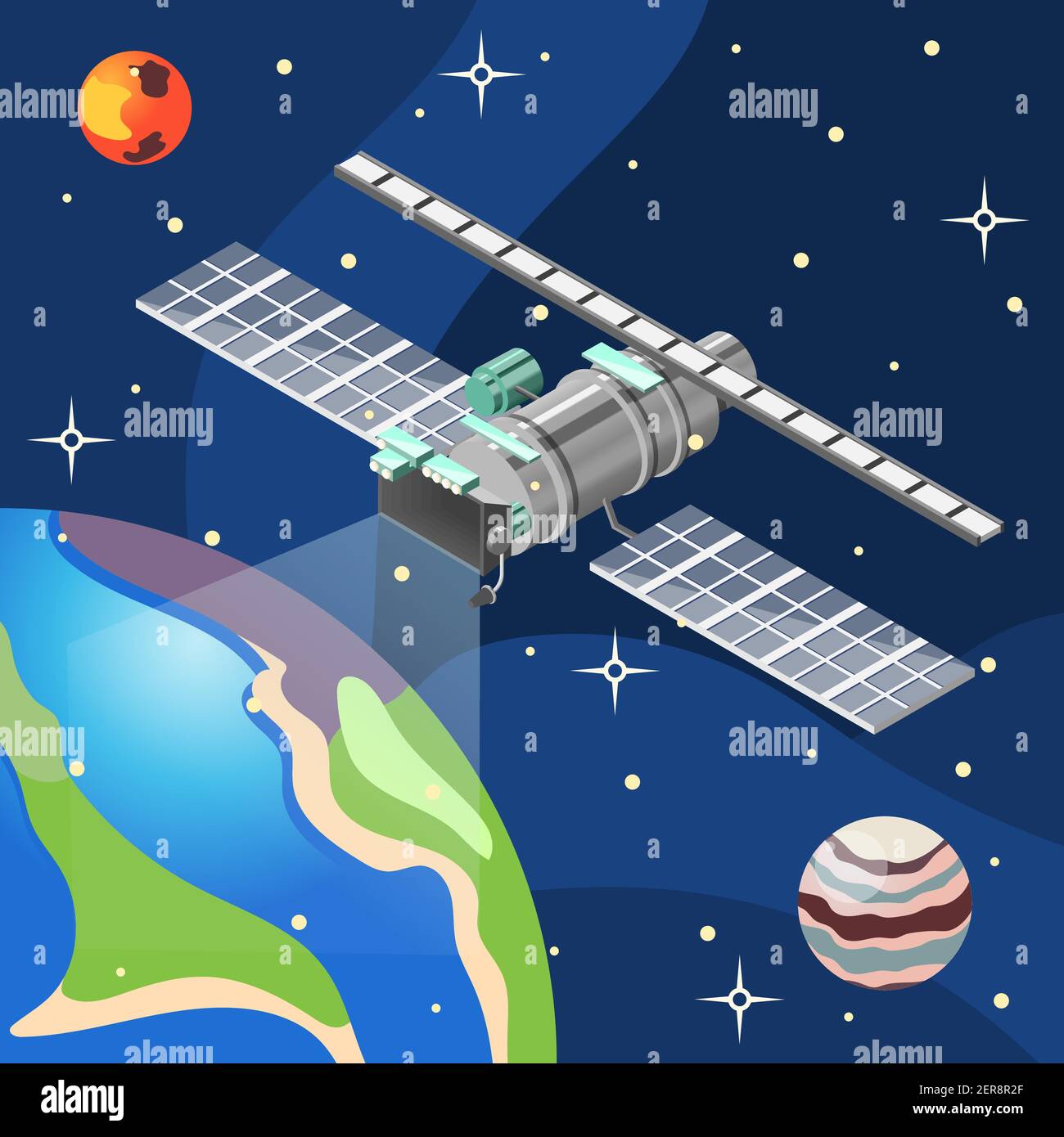 Satellite meteorologico con apparecchiature di meteorologia nello spazio, sfondo scuro con terra, pianeti e stelle, illustrazione vettoriale isometrica Illustrazione Vettoriale