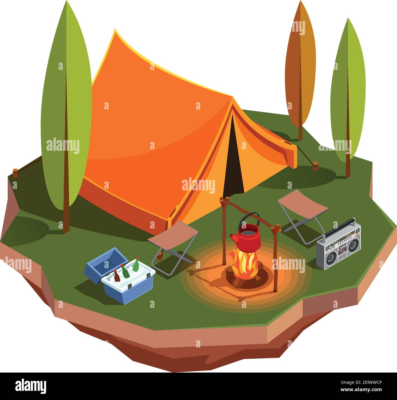 Camping escursioni icone isometriche composizione con vista sul prato forestale con tenda e bollitore sul fuoco vettoriale illustrazione Illustrazione Vettoriale