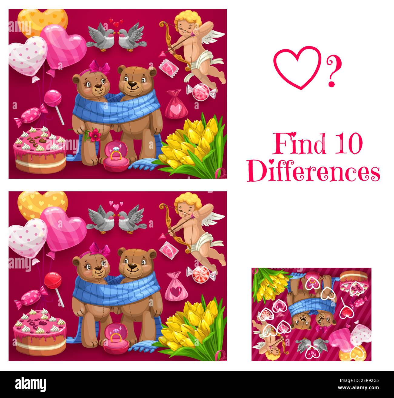 San Valentino bambino trovare dieci differenze gioco. I bambini giocano attività con spotting task, puzzle educativo per bambini. Porta giocattoli di coppia, Cupido s. Illustrazione Vettoriale