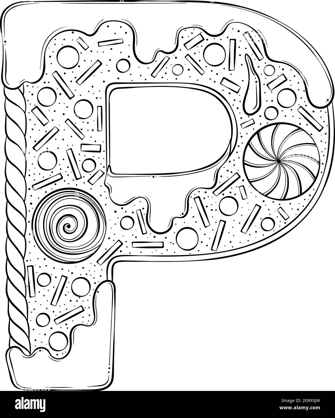 Lettera P. Gingerbread biscotti sotto forma di lettere. Font vettoriale cartoon realizzato in stile grafico a linee disegnate a mano isolato su sfondo bianco. Modello con logo per lettere. Disegno di libro di colorazione. Illustrazione Vettoriale