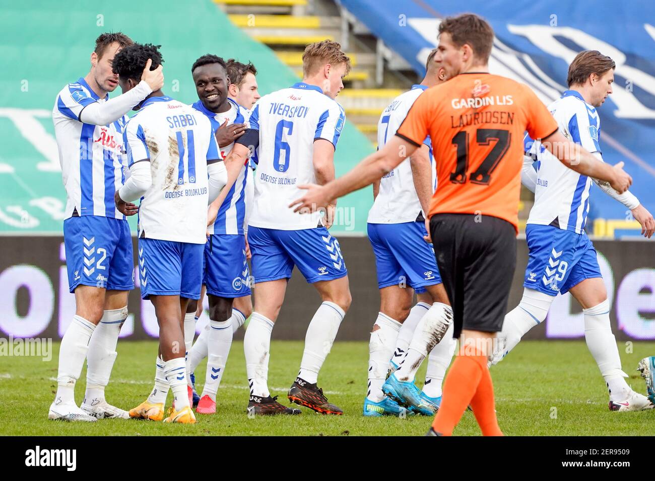 Odense, Danimarca. 28 Feb 2021. Emmanuel Sabbi (11) dei punteggi OB per il 1-0 durante la partita 3F Superliga tra Odense Boldklub e Randers FC al Nature Energy Park di Odense. (Photo Credit: Gonzales Photo/Alamy Live News Foto Stock