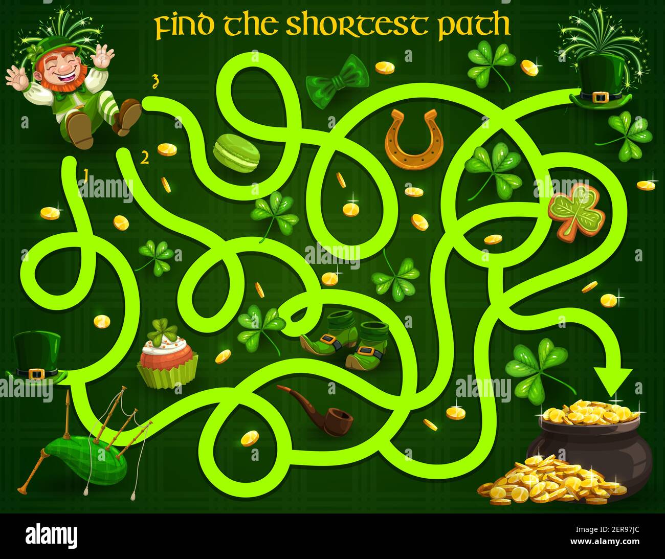Giochi di labirinto per bambini con leprechauns, oro, trifoglio e dolci del giorno di san Patrizio. Puzzle labirinto vettore trovare il percorso più breve, gioco di bordo di famiglia. Attività con TAN Illustrazione Vettoriale