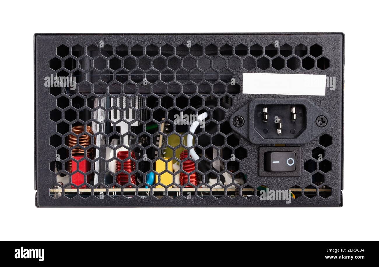 percorso di alimentazione del pc isolato su bianco Foto Stock