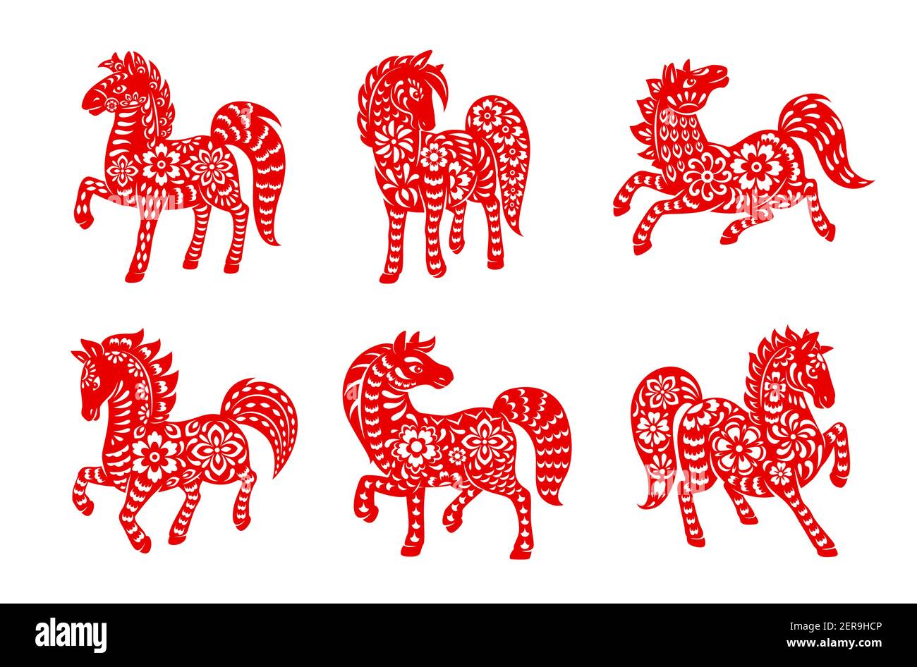 Set di icone vettoriali di cavalli zodiaci cinesi. Equino Lunare nuovo anno della Cina simbolico, ornato rosso, segni astrologici oroscopo isolato su bianco bac Illustrazione Vettoriale