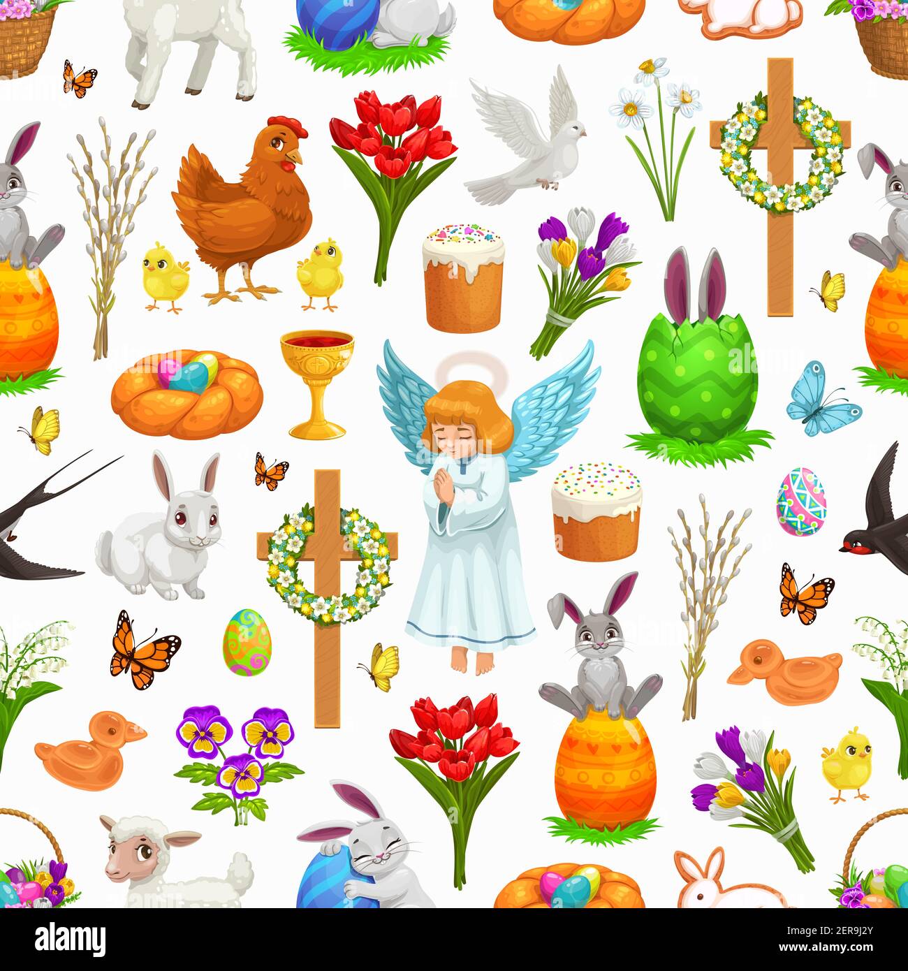 Pasqua religione vacanza modello senza soluzione di continuità. Sfondo vettoriale con uova di Pasqua, conigli e conigli, pulcini e fiori di primavera, angelo, croci crocifissi, Illustrazione Vettoriale