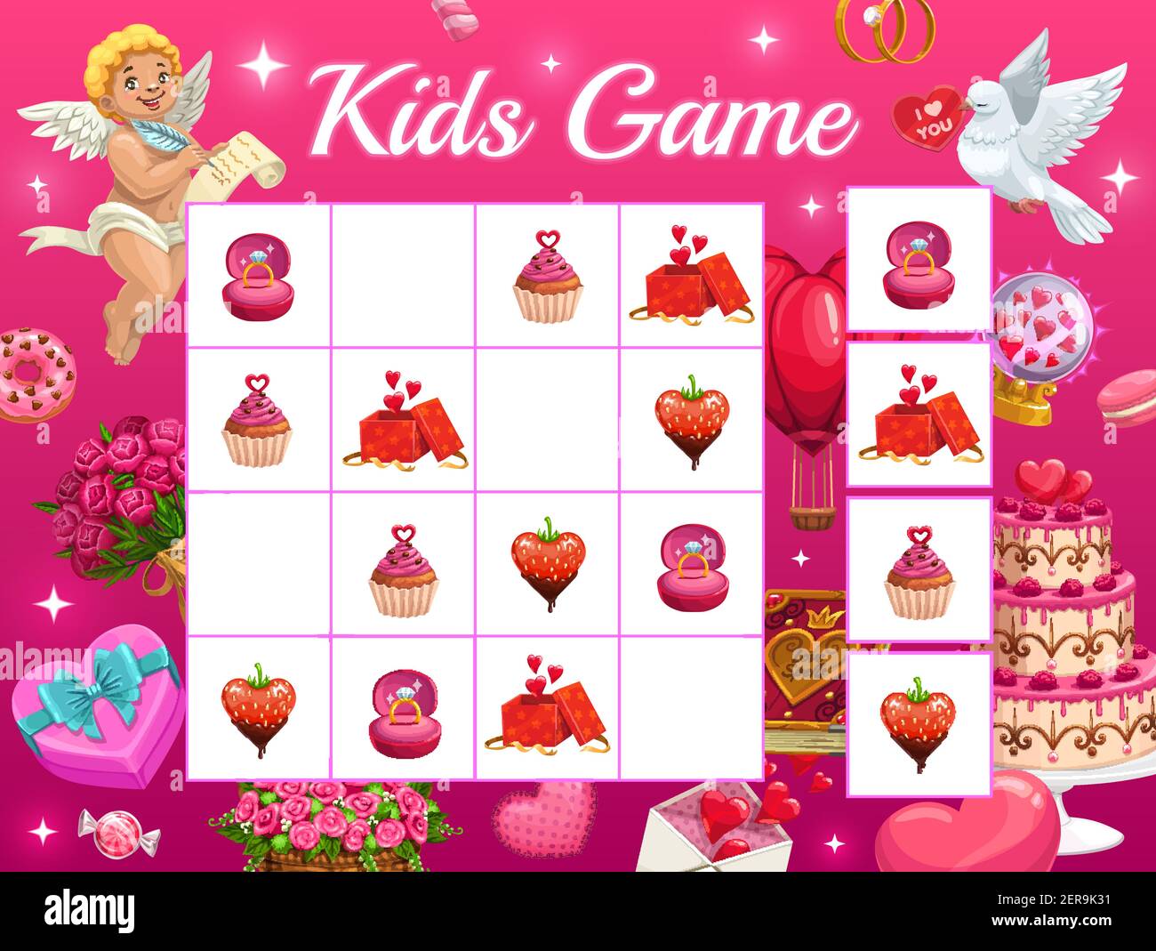 Giochi di bambini vettore indovinello per San Valentino con cartoon cupid  personaggi, regalo, dolci, anello su tavola a scacchi. Attività educativa,  bambini crossword Immagine e Vettoriale - Alamy