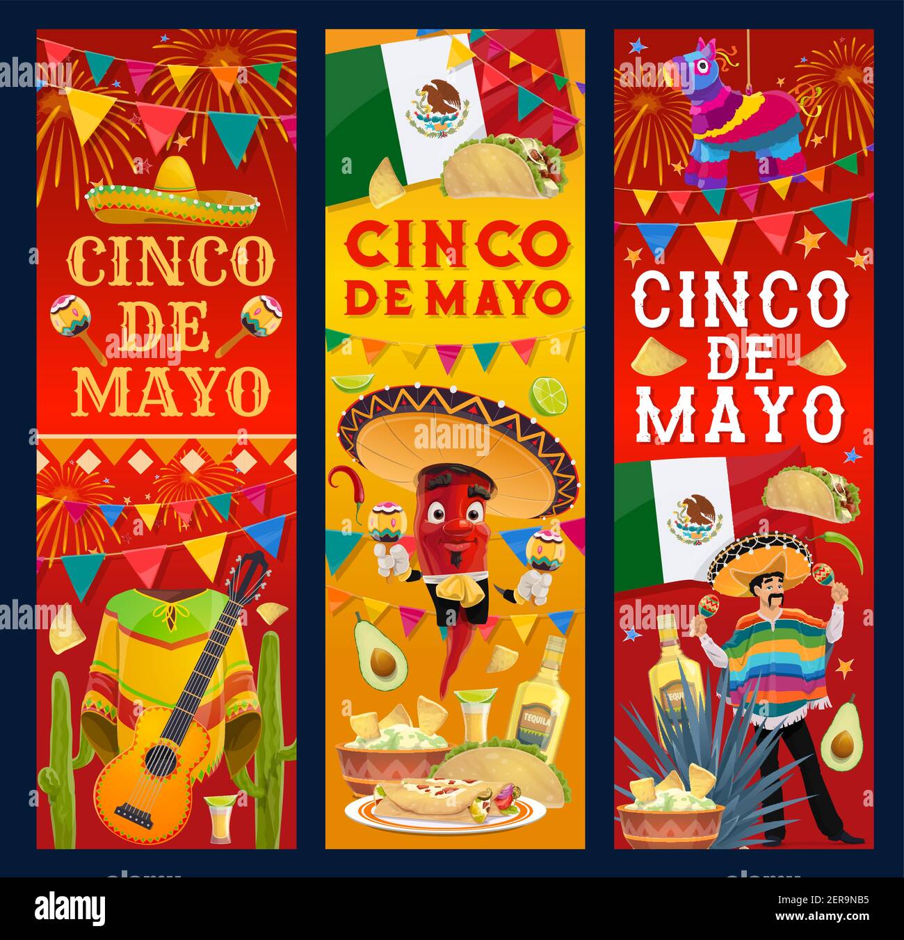 Banner vettoriali Cinco de Mayo. Cartoon Mariachi musicista con tromba, peperoncino jalapeno in sombrero suonando la chitarra. Tortilla di cibo messicano, guacamo Illustrazione Vettoriale