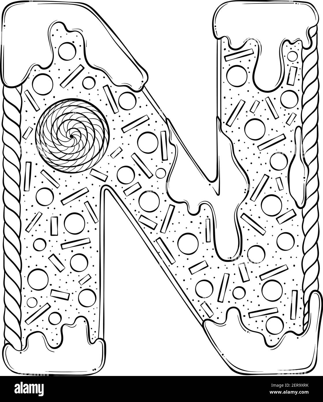 Lettera N. Gingerbread biscotti sotto forma di lettere. Font vettoriale cartoon realizzato in stile grafico a linee disegnate a mano isolato su sfondo bianco. Modello con logo per lettere. Disegno di libro di colorazione. Illustrazione Vettoriale