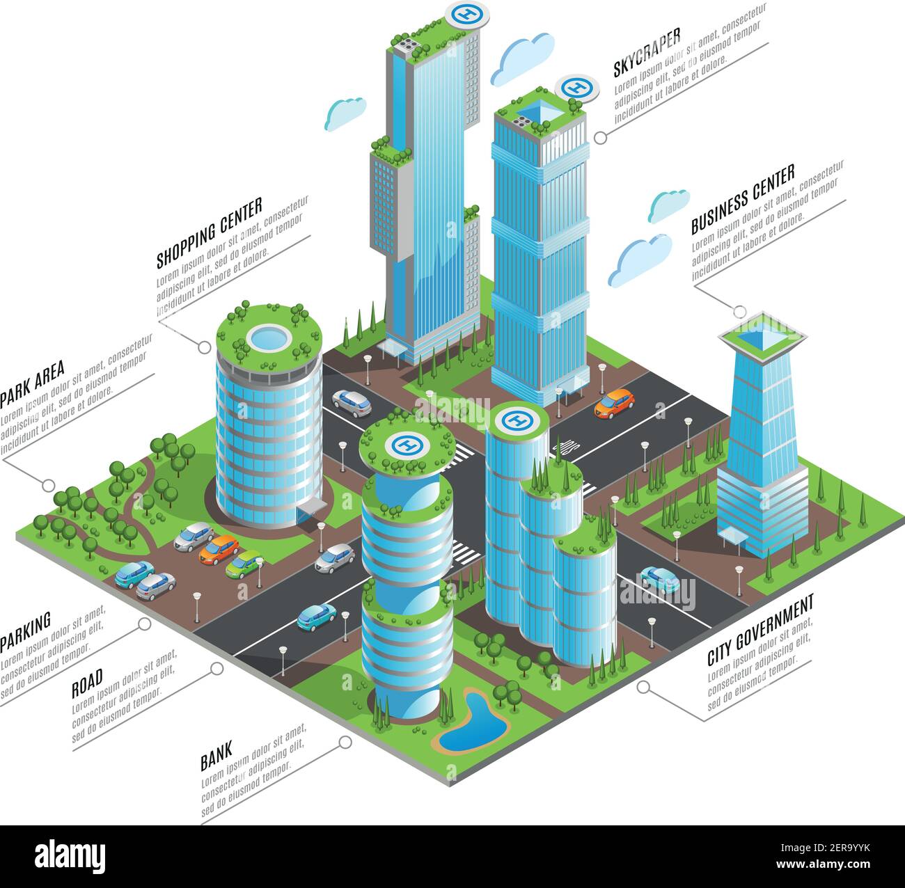 I grattacieli futuristici isometrici infografica con i centri commerciali grattacieli e. altri elementi dell'illustrazione vettoriale della città Illustrazione Vettoriale