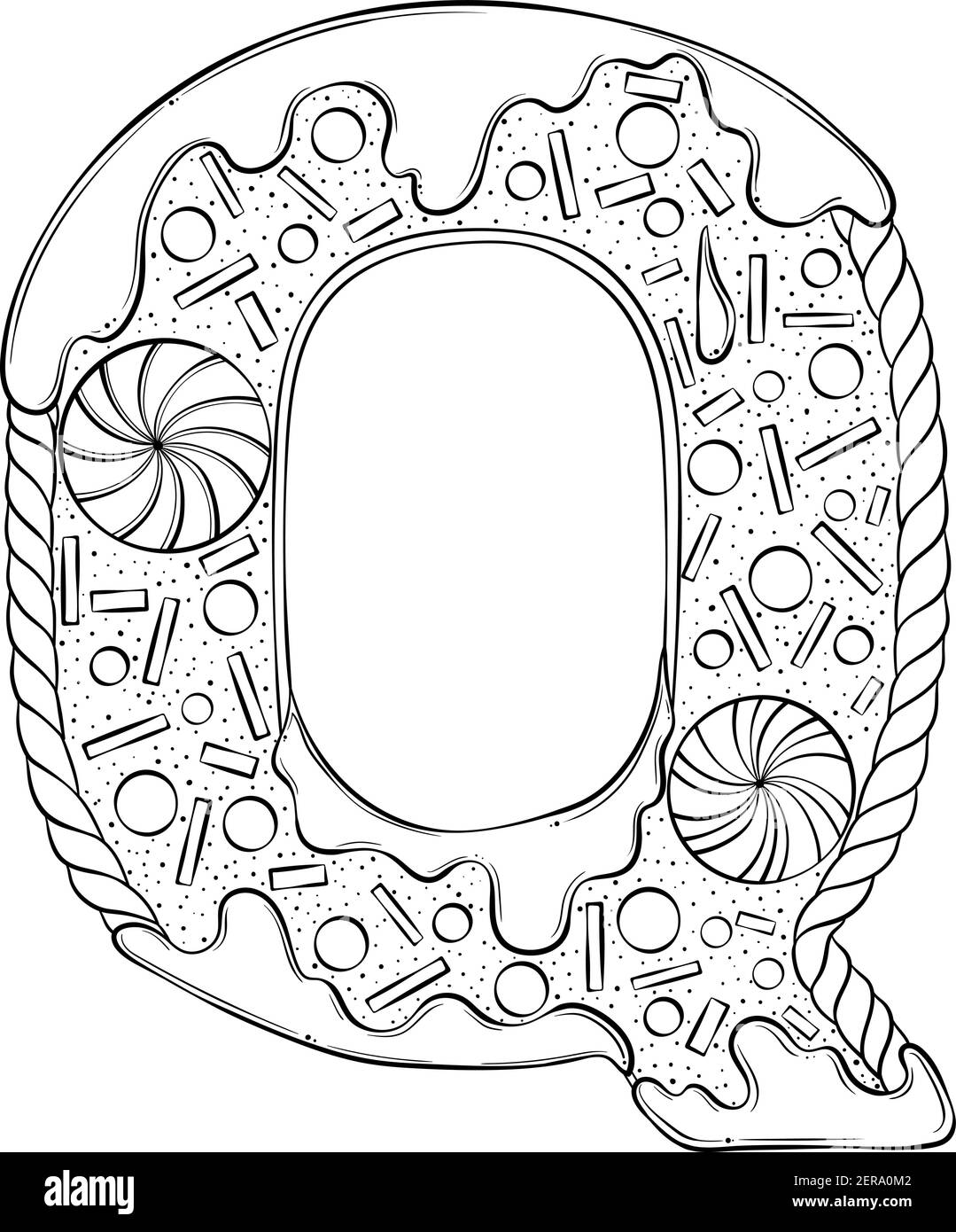 Lettera Q. Gingerbread Cookies in forma di lettere. Font vettoriale cartoon realizzato in stile grafico a linee disegnate a mano isolato su sfondo bianco. Modello con logo per lettere. Disegno di libro di colorazione. Illustrazione Vettoriale