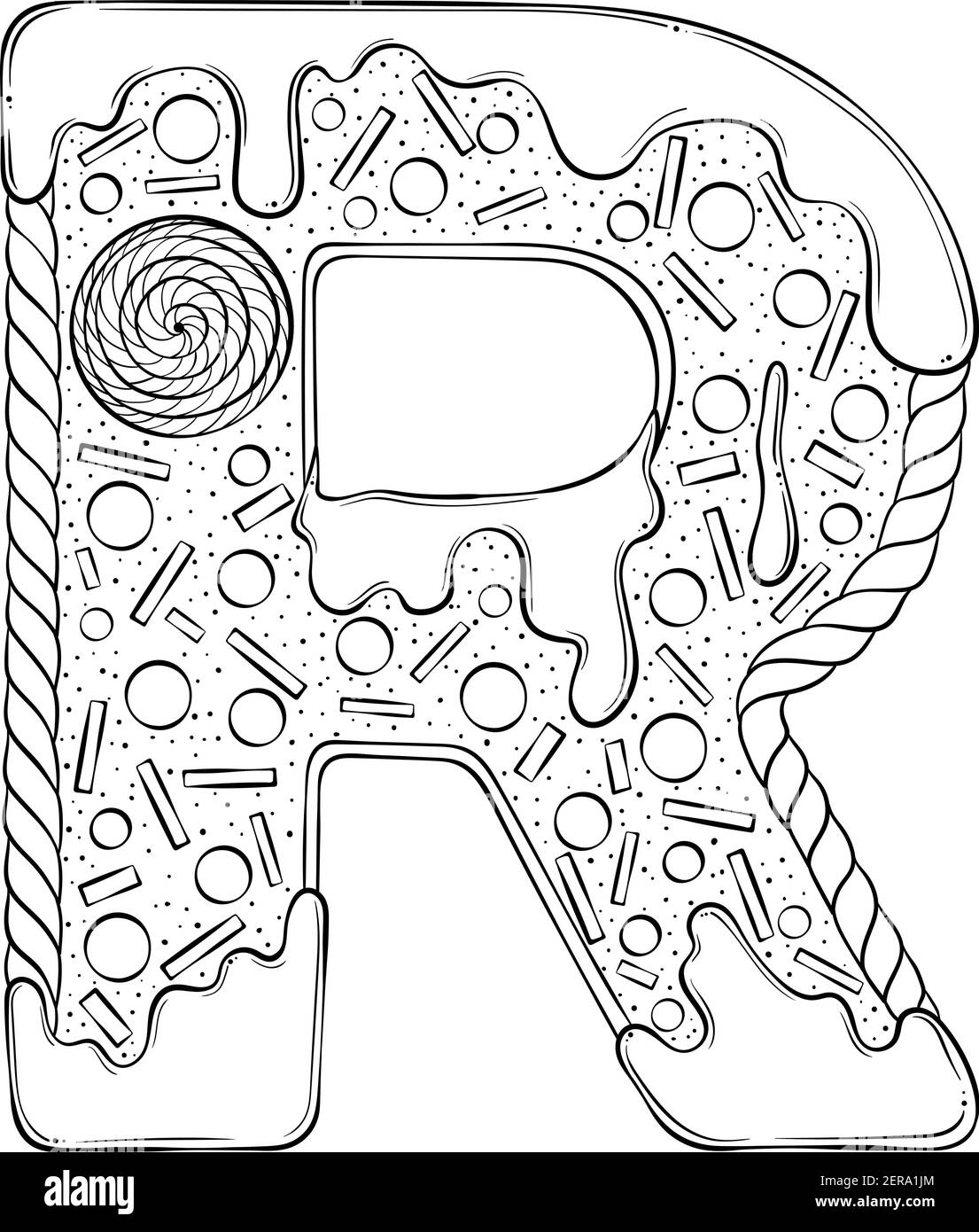 Lettera R. Gingerbread Cookies sotto forma di lettere. Font vettoriale cartoon realizzato in stile grafico a linee disegnate a mano isolato su sfondo bianco. Modello con logo per lettere. Disegno di libro di colorazione. Illustrazione Vettoriale