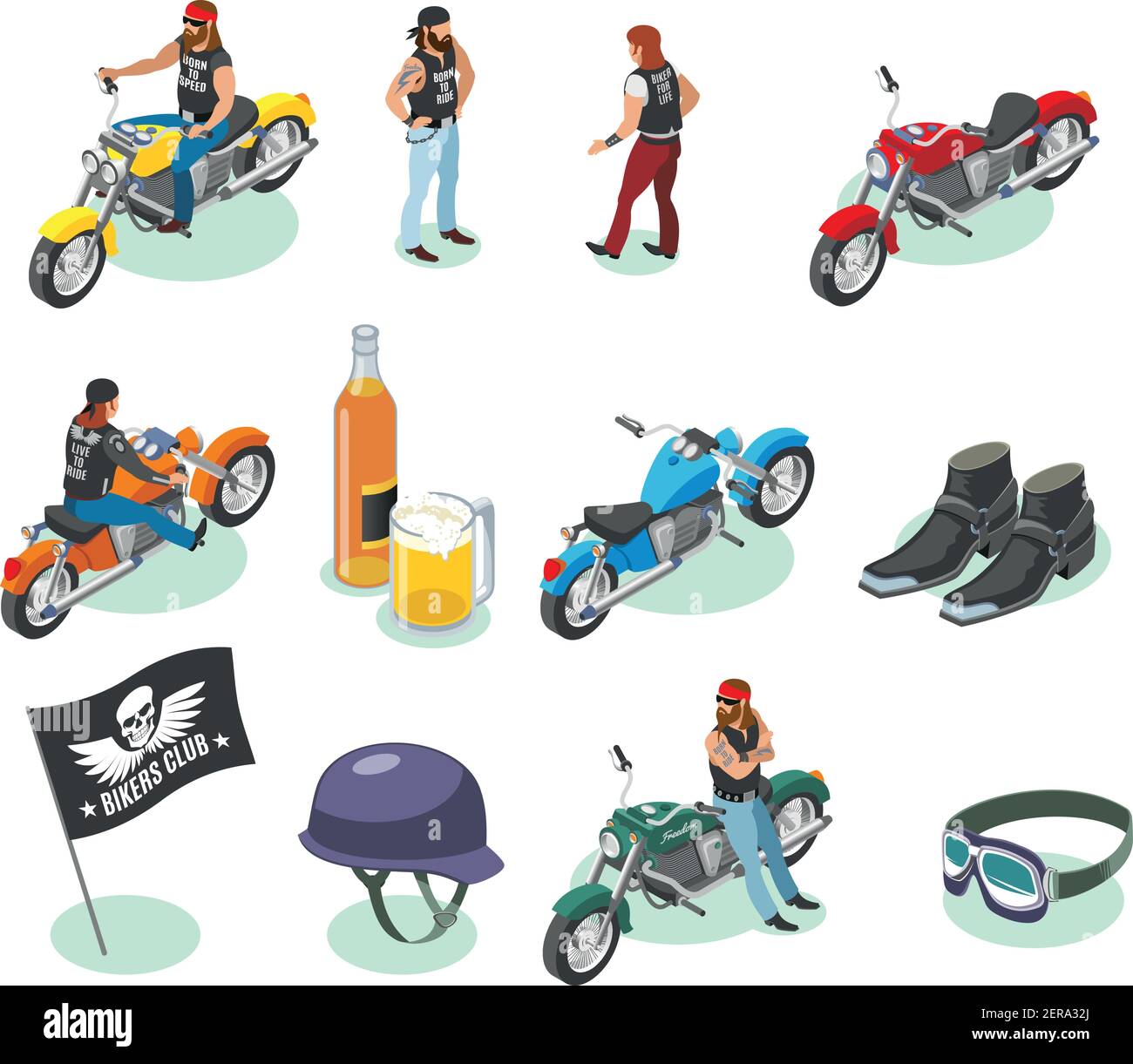 Biker icone isometriche raccolta di caratteri umani isolati e immagini di moto birra e oggetti di moda illustrazione vettoriale Illustrazione Vettoriale