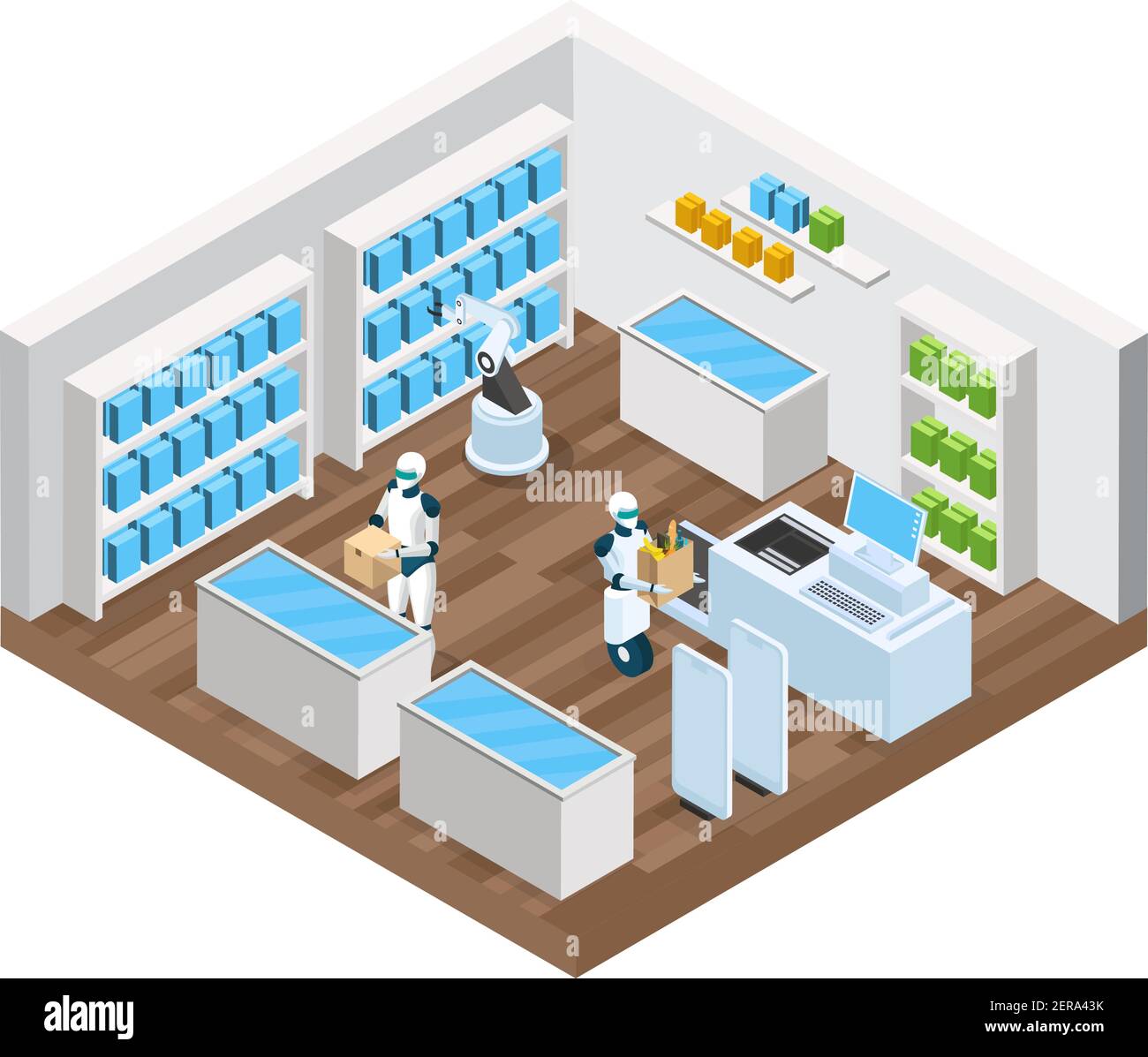 Composizione isometrica automatizzata del negozio con robot, articoli sugli scaffali, check-out automatico, illustrazione vettoriale del sistema di sicurezza Illustrazione Vettoriale