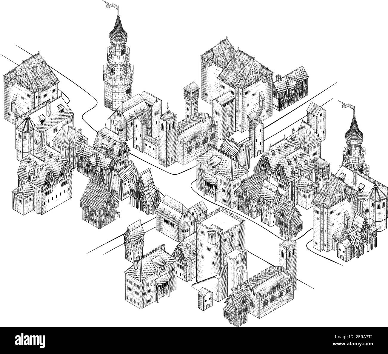 Illustrazione della città medievale Scroll Vintage Illustrazione Vettoriale