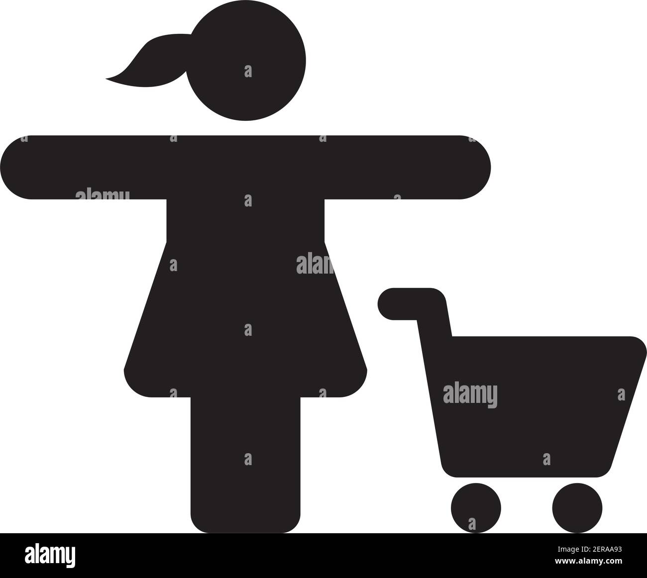 Icona shopping vettore persona femminile con il simbolo del carrello in una illustrazione del pittogramma glifo a colori piatti Illustrazione Vettoriale