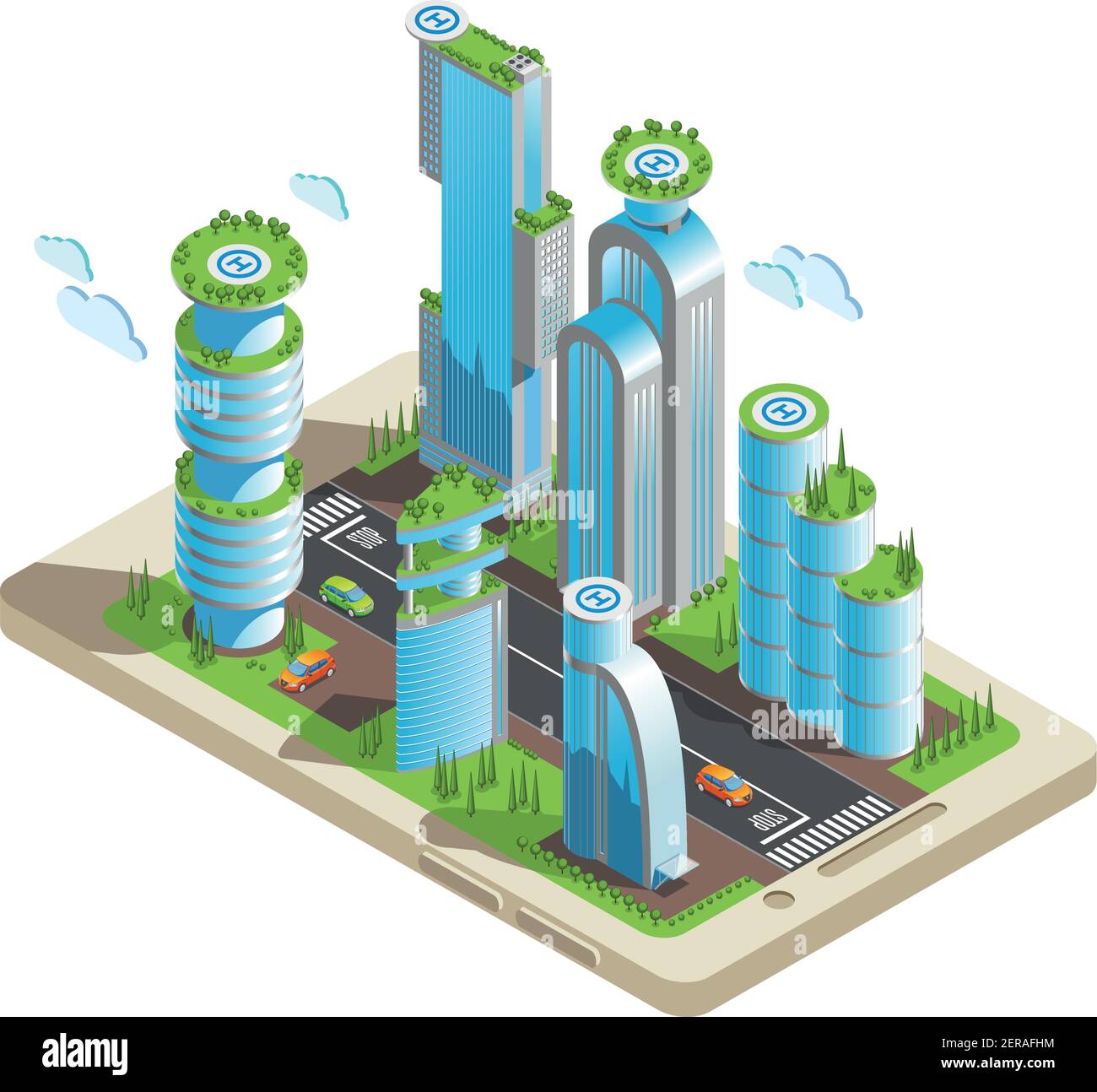 Grattacieli futuristici isometrici colorati composizione parte della città con grattacieli in stile 3d situati sul vettore dello schermo dello smartphone illustratio Illustrazione Vettoriale