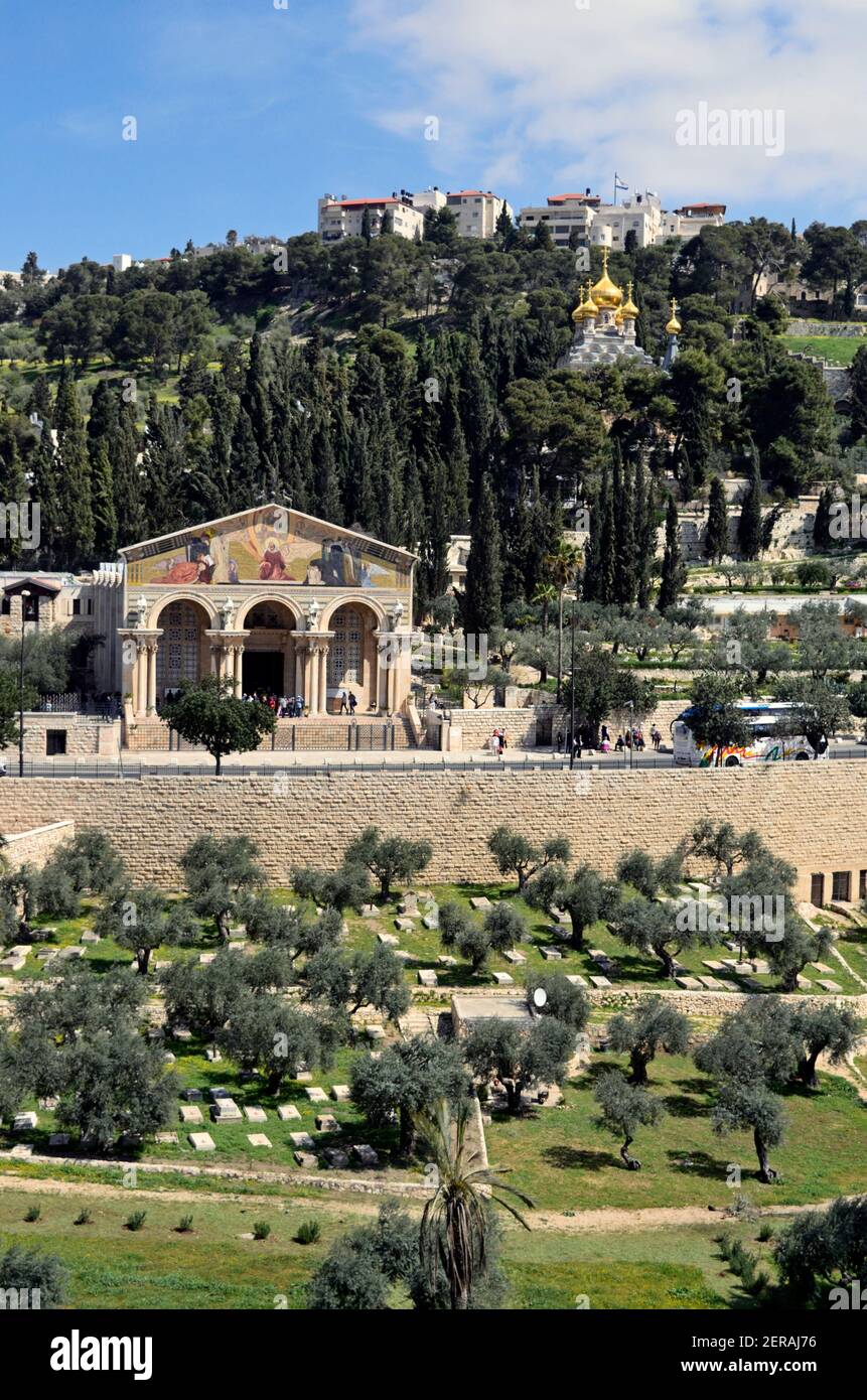 Vista sulla verde valle di Kidron in primavera fino al Monte Degli Ulivi con il Giardino del Getsemani e la Chiesa di Tutte le Nazioni e Chiesa di Santa Maria Maddalena Foto Stock
