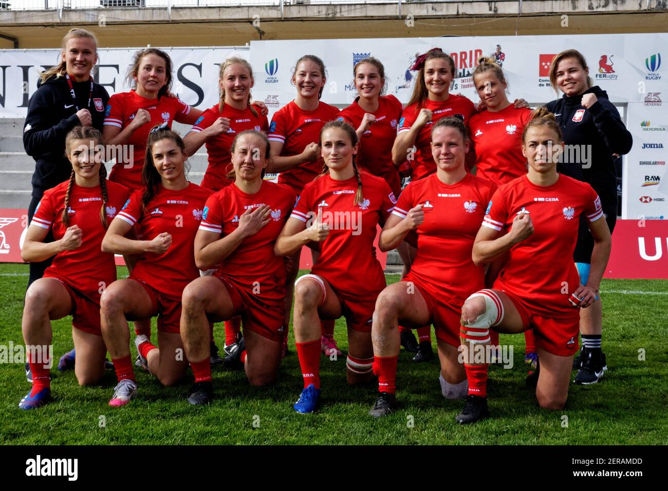 Madrid, Spagna. 28 febbraio 2021. Torneo internazionale di rugby 7s di Madrid. Torneo femminile. 2 ° fine settimana, 2 ° giorno. La squadra di rugby polacca. Università Complutense, Madrid, Spagna. Credit: EnriquePSans / Alamy Live News Foto Stock