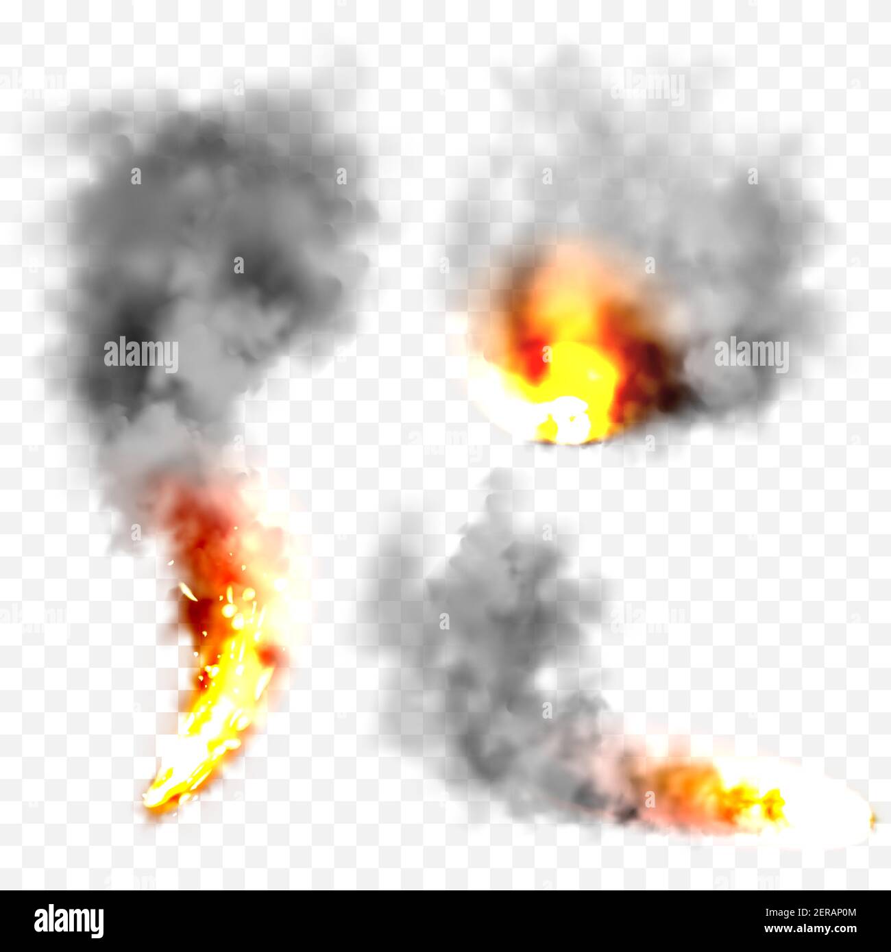 Realistiche nuvole di fumo nero e fuoco. Esplosione di fiamma. Flusso di fumo da oggetti brucianti. Incendi boschivi. Effetto nebbia trasparente. Vettore Illustrazione Vettoriale