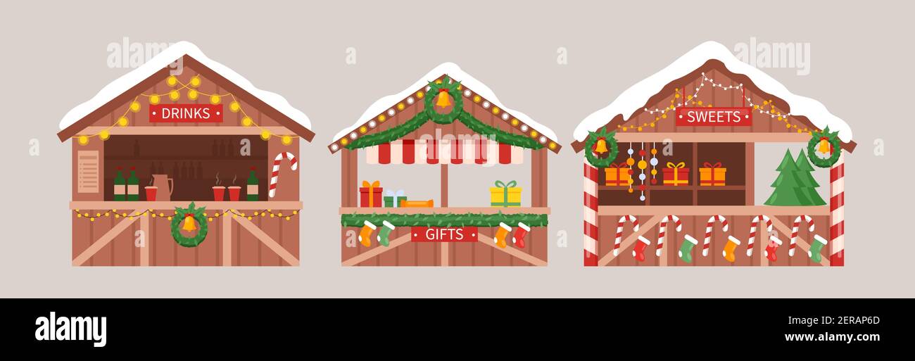 Chioschi di bancarelle di Natale, venditore di mercato con cibo di Capodanno, bevanda calda, regali Illustrazione Vettoriale
