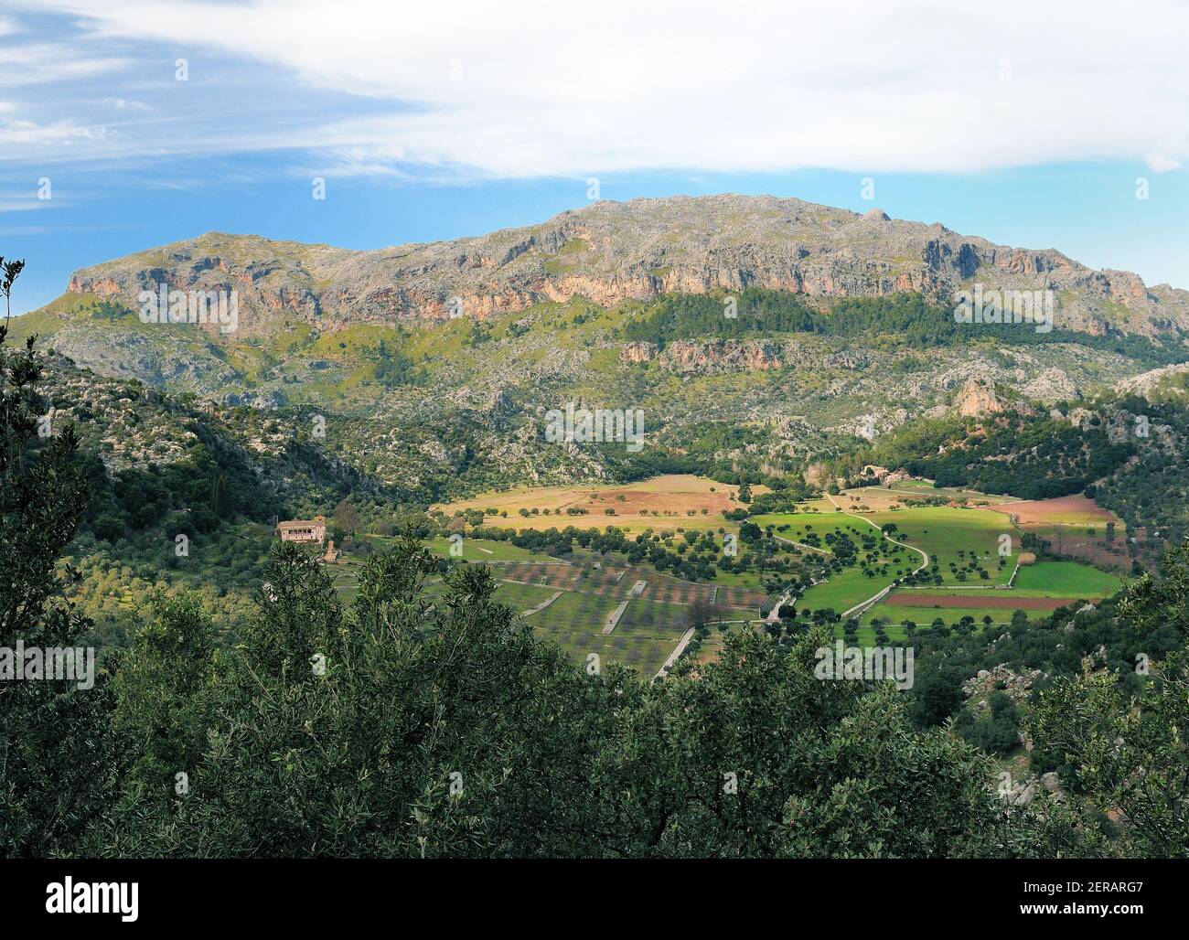 Vista da Lluc alla fertile Valle SA Plana on Balearic Island Mallorca in UN Sunny Winter Day con UN Poche nuvole nel cielo blu Foto Stock