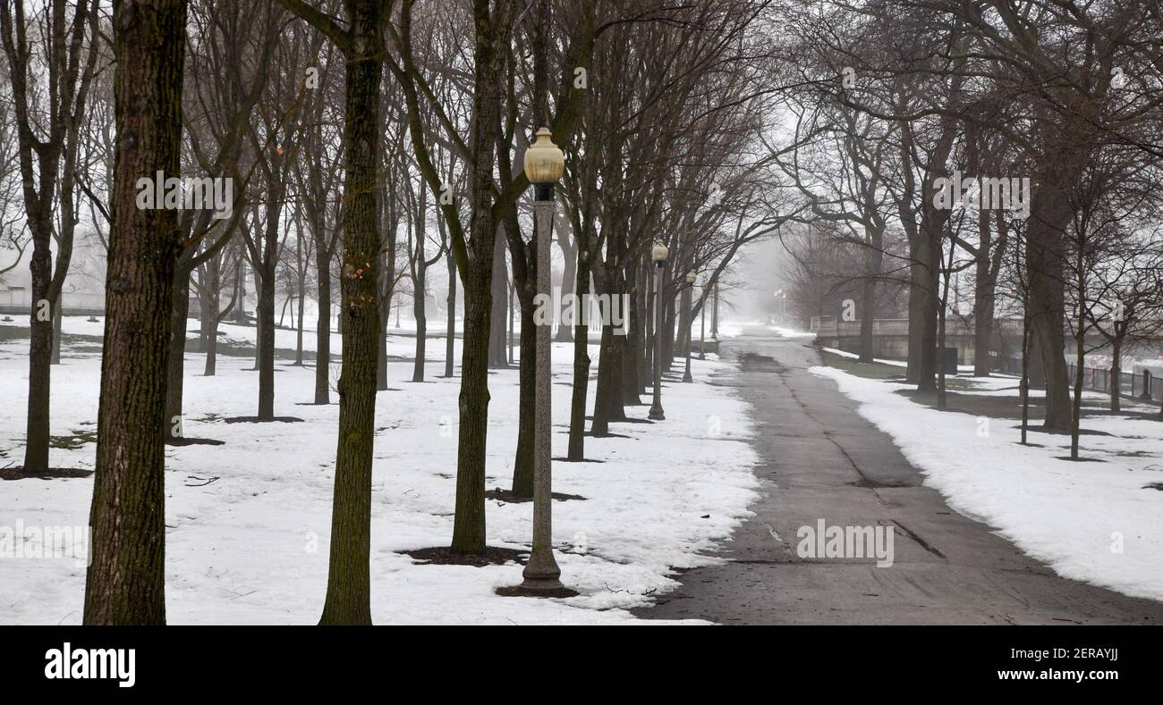 Percorso vuoto del parco in città in nebbia invernale Foto Stock