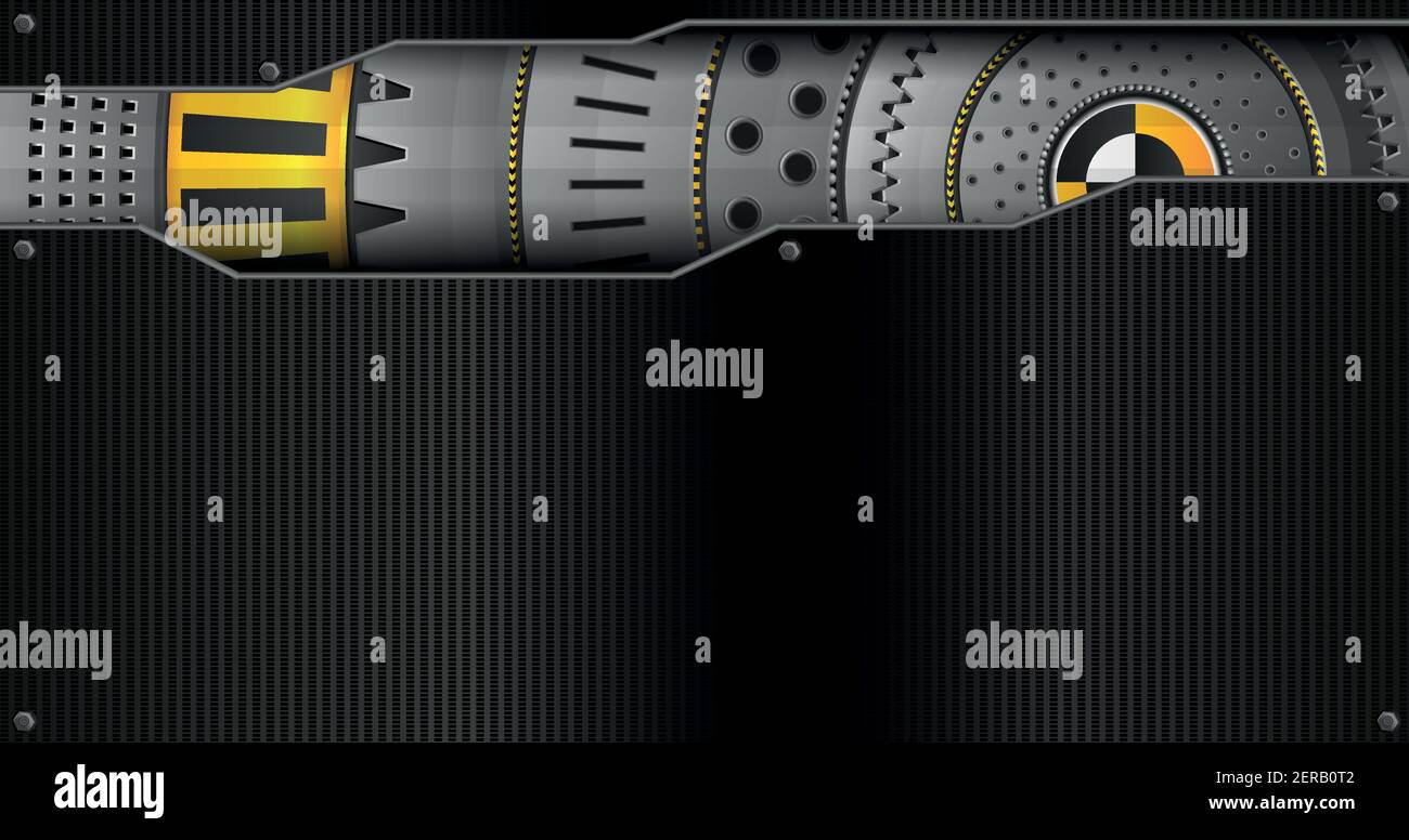 Fondo di piastre metalliche con dadi con dischi concentrici di ingranaggi, sfere e parti meccaniche metalliche di colore grigio e giallo dietro le piastre Illustrazione Vettoriale