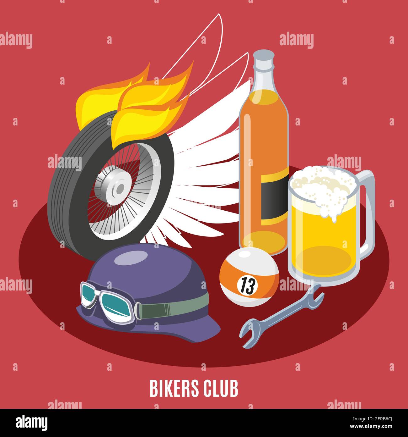 Caratteristiche dei biker composizione isometrica con ruota, casco, chiave, bevanda, palla da biliardo su sfondo rosso illustrazione vettoriale Illustrazione Vettoriale Caratteristiche dei biker composizione isometrica con ruota, casco, chiave, bevanda, palla da biliardo su sfondo rosso illustrazione vettoriale Illustrazione Vettoriale