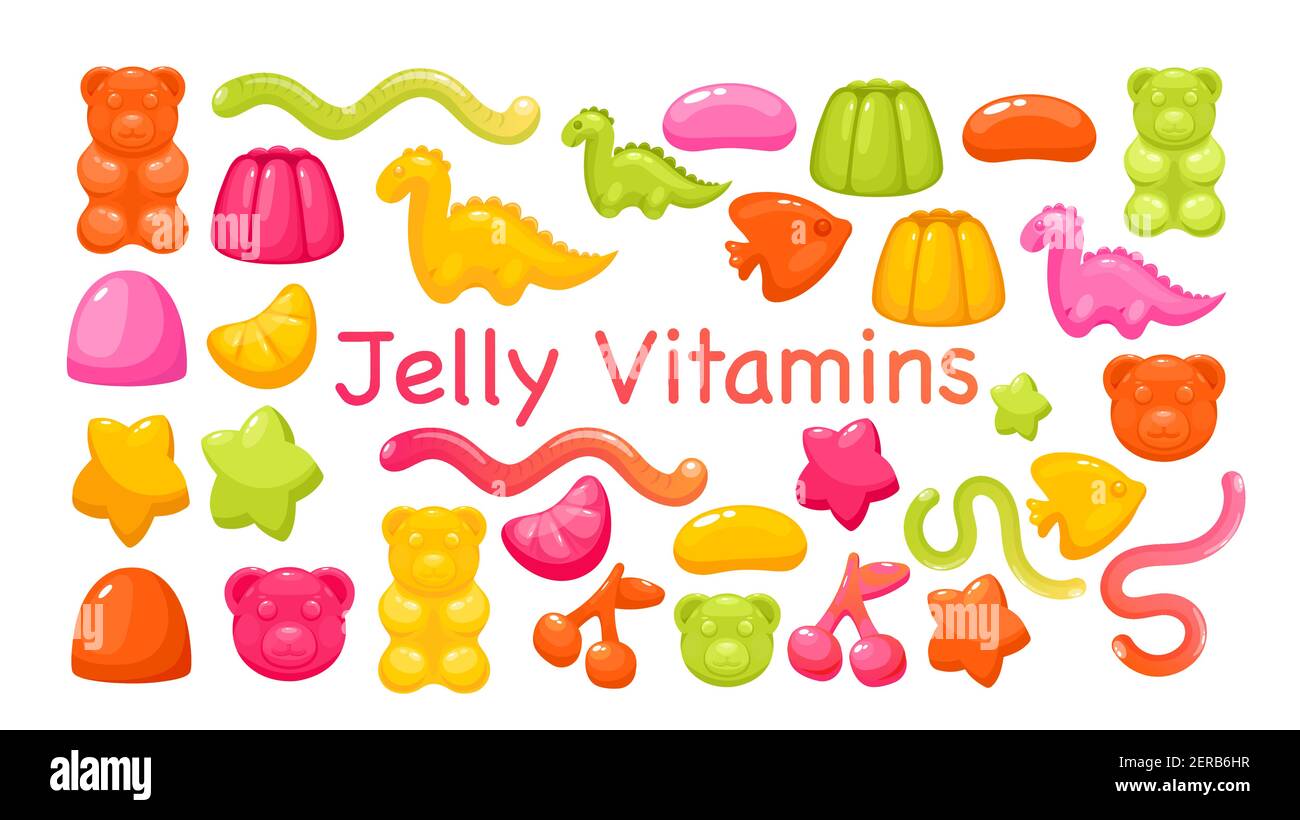Candy Chewy jelly vitamine vettore illustrazione set. Colorato, dolce e succosa orso gommoso lucido e drago, marmellata di frutti di zucchero morbido e frutti di bosco da masticare, p. Illustrazione Vettoriale