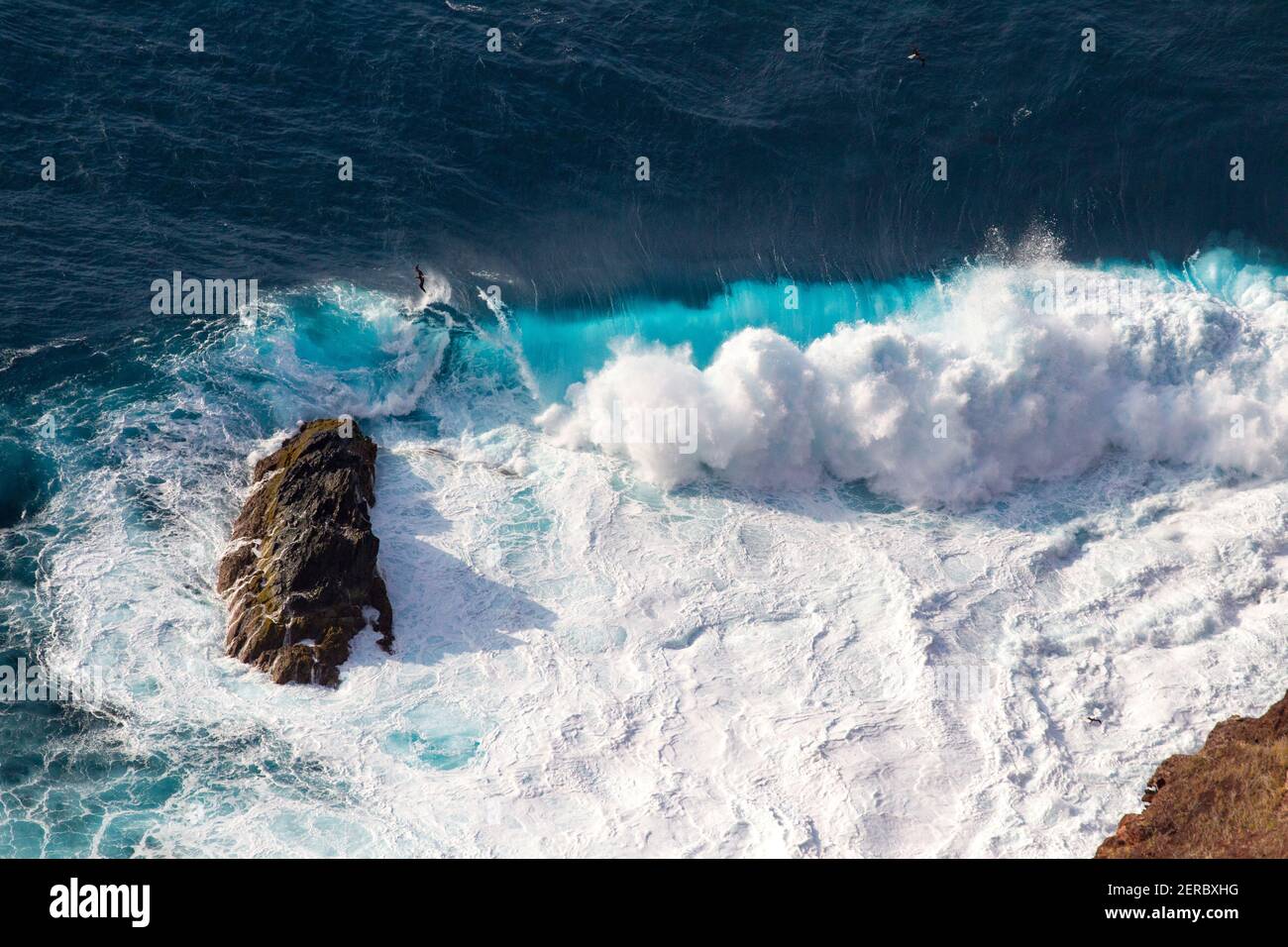 Le onde si infrangono intorno alle rocce del Mar dei Caraibi, come si vede dalla cima dell'isola di Redonda, Antigua e Barbuda, Caraibi. Foto Stock