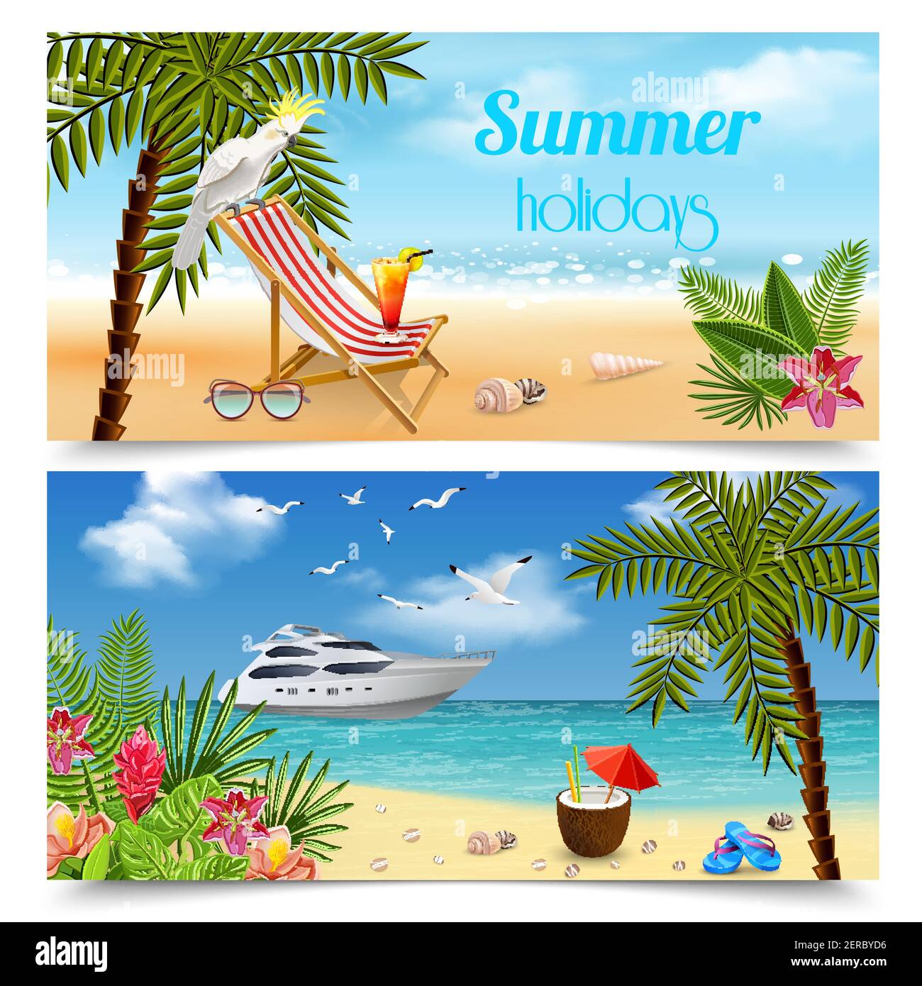 Paradiso tropicale banner collezione con immagini di vacanze estive relax dal mare con la spiaggia paesaggi vettoriale illustrazione Illustrazione Vettoriale