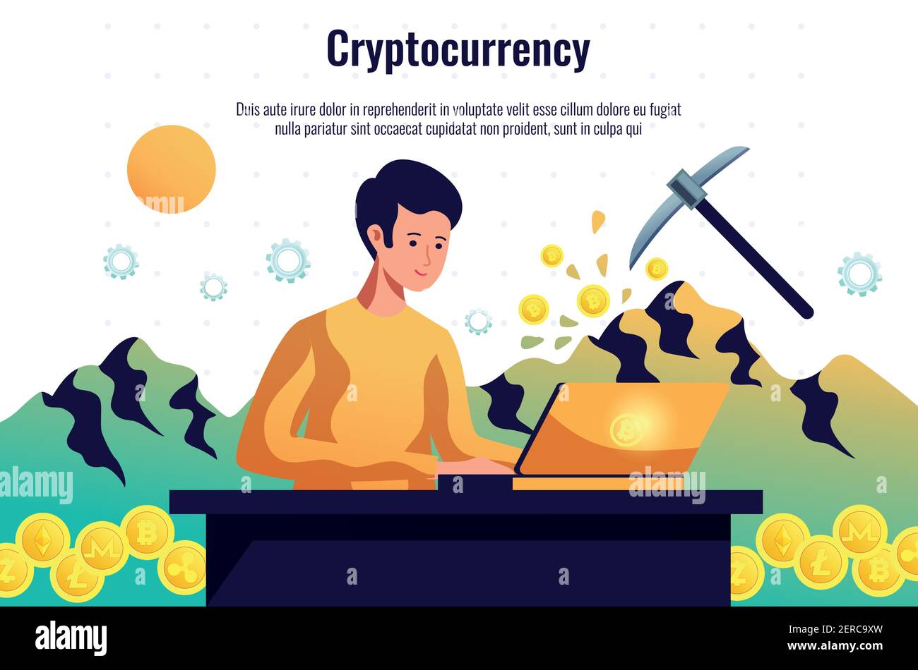 Criptocoins minatore mantenere blockchain rete di lavoro con il software di computer e. scambio criptovaluta composizione orizzontale collettore vettore illust Illustrazione Vettoriale