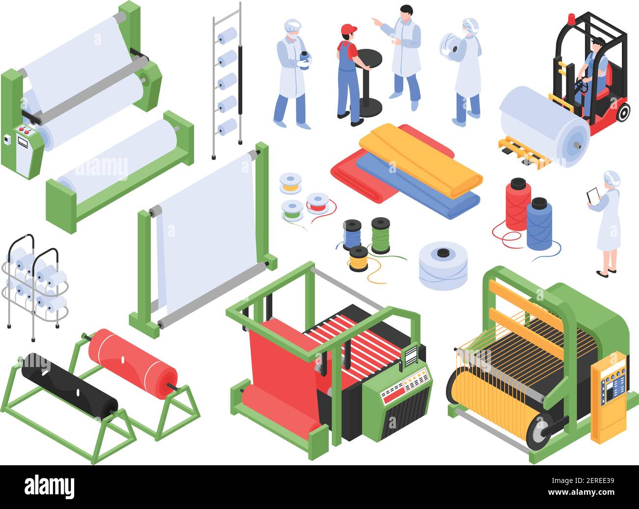 Set di produzione di fabbrica tessile isometrica immagini isolate con industriale illustrazione vettoriale delle strutture di stoccaggio dei macchinari e dei caratteri del personale Illustrazione Vettoriale