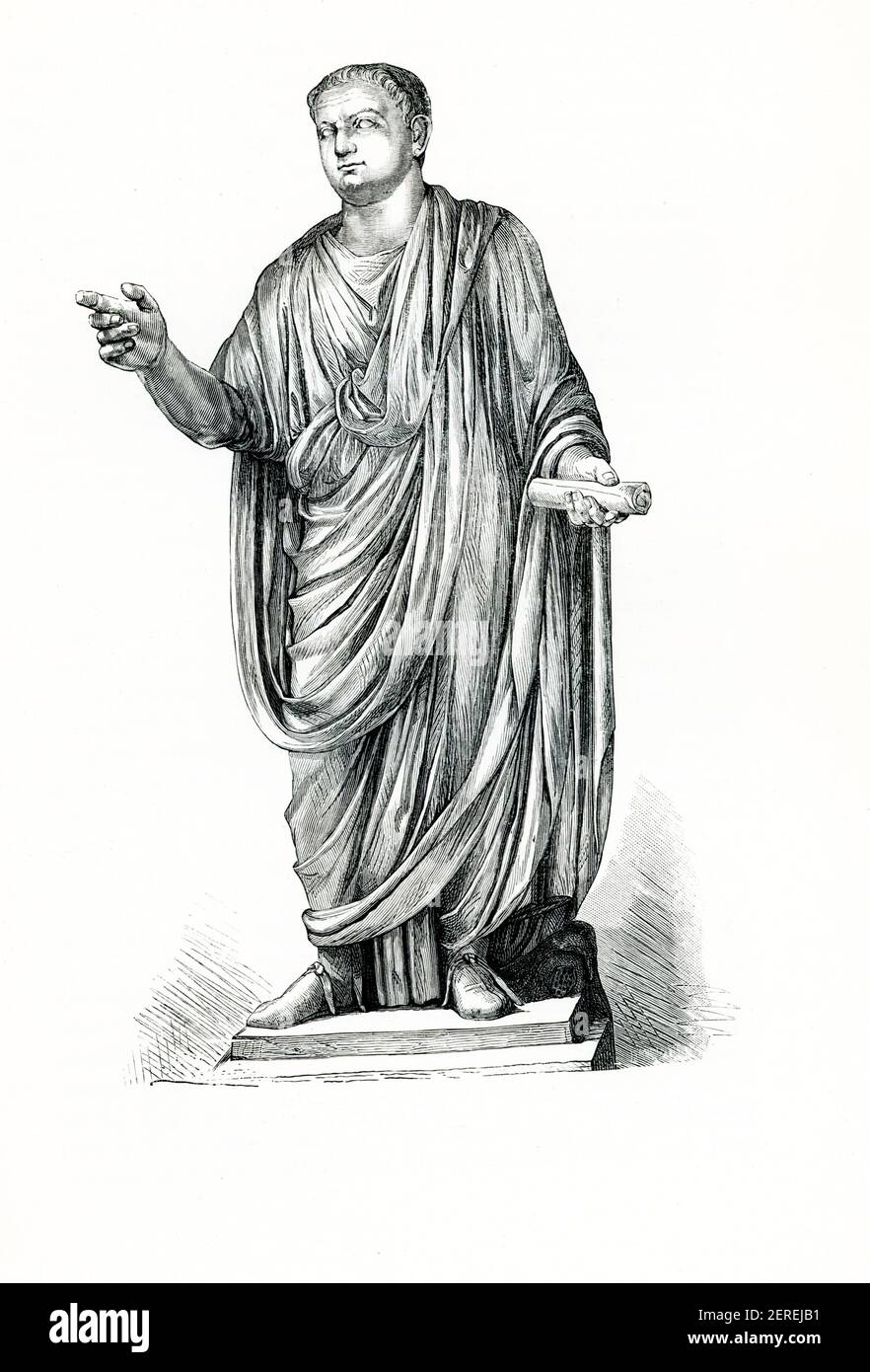 Questa illustrazione del 1880 mostra la statua di Tito nel Vaticano braccio Novo n° 26. Fu rinvenuto presso la Chiesa di San Giovanni in Laterano nel 1828. Tito fu imperatore romano dal 79 al 81. Membro della dinastia dei Flavi, Tito succedette al padre Vespasiano alla sua morte. Prima di diventare imperatore, Tito divenne famoso come comandante militare, servendo sotto il padre in Giudea durante la prima guerra ebraico-romana. Foto Stock