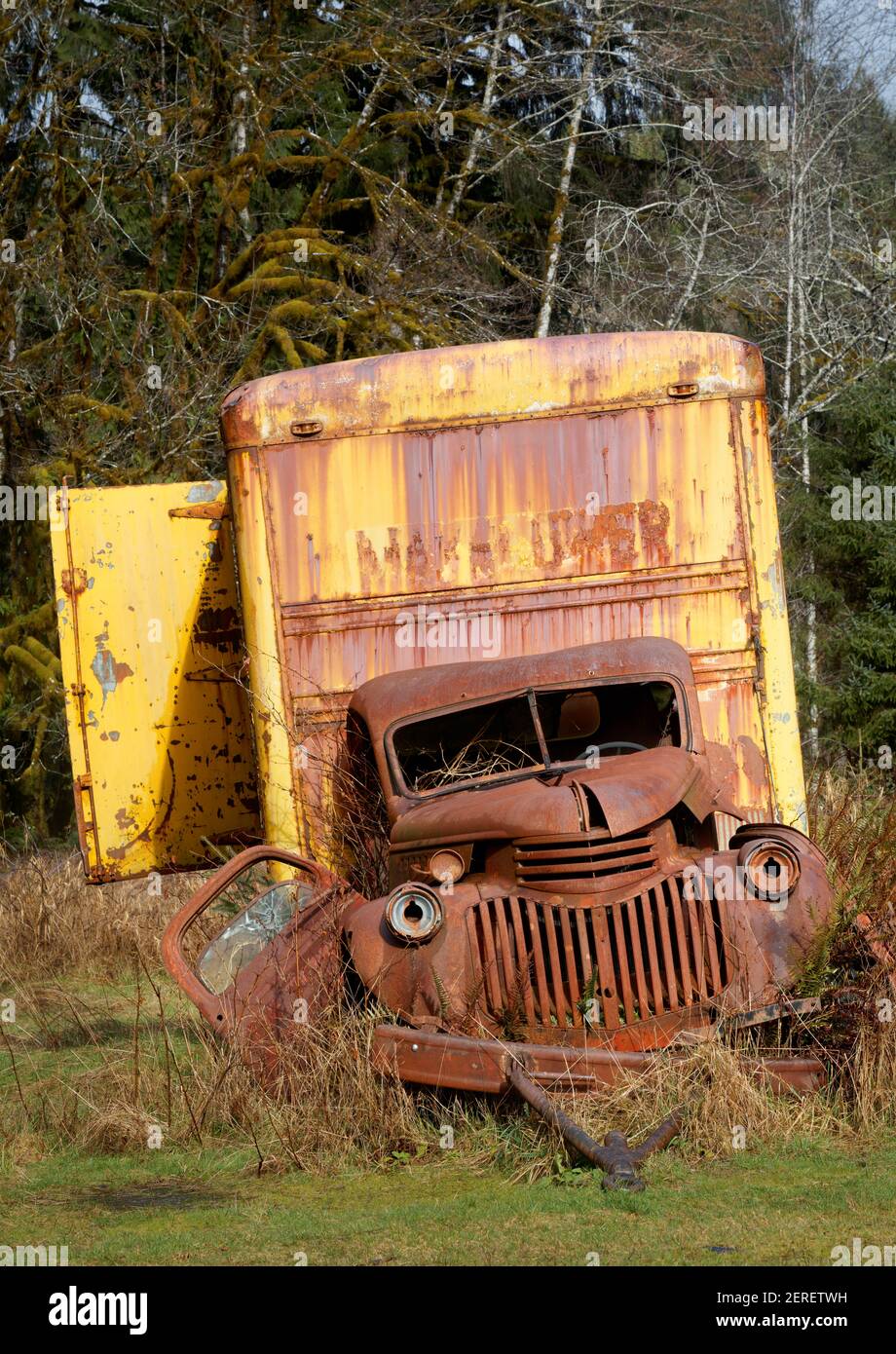Camion in movimento fatiscente, Kestner-Higley Homestead, Quinault Rainforest, Olympic National Park, Jefferson County, Washington, Stati Uniti Foto Stock