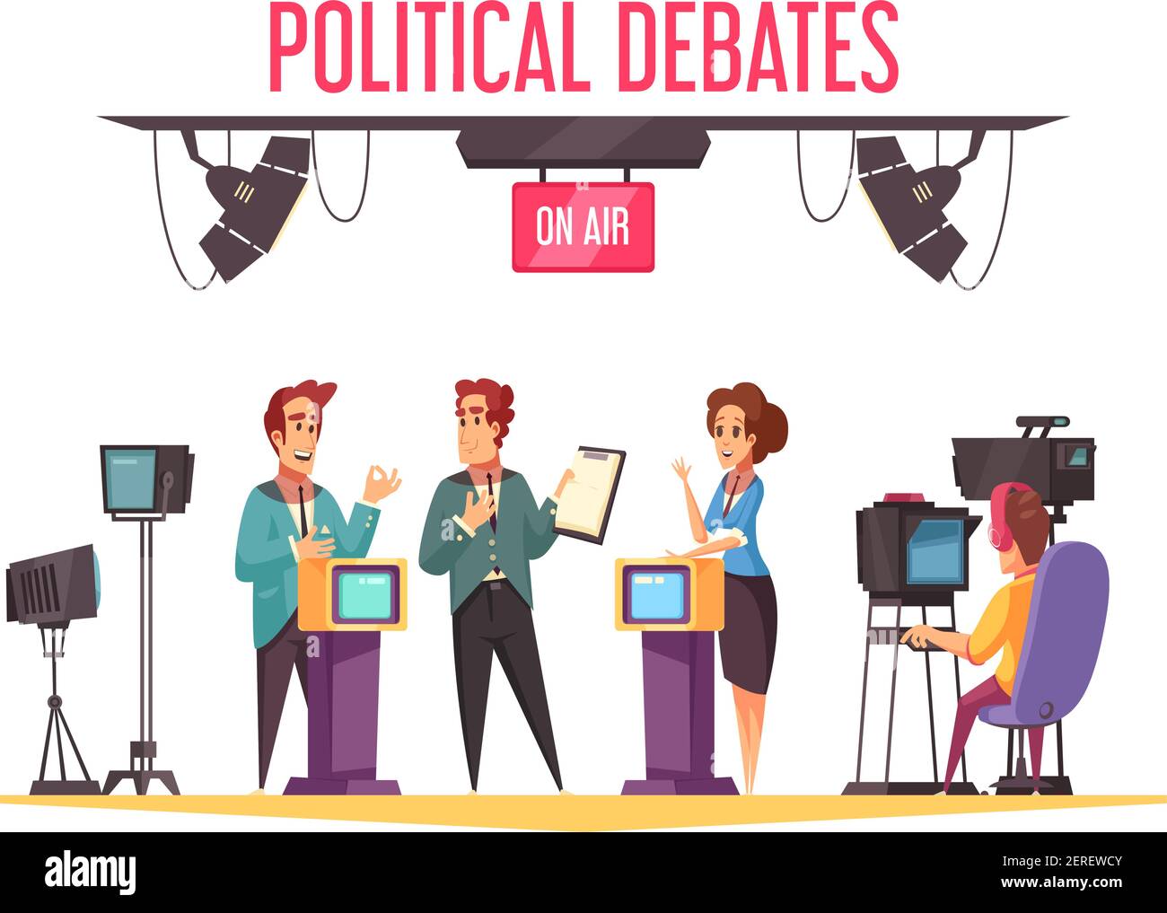 I dibattiti politici in diretta della TV mostrano con i partecipanti alla campagna che presentano i programmi e confronto avversari composizione cartoon illustrazione vettoriale Illustrazione Vettoriale