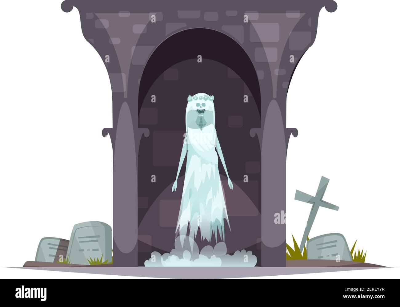 Malvagio macchia cartoni animati composizione di carattere con spaventoso aspetto fantasma in grim infestato cimitero tomba illustrazione vettoriale Illustrazione Vettoriale