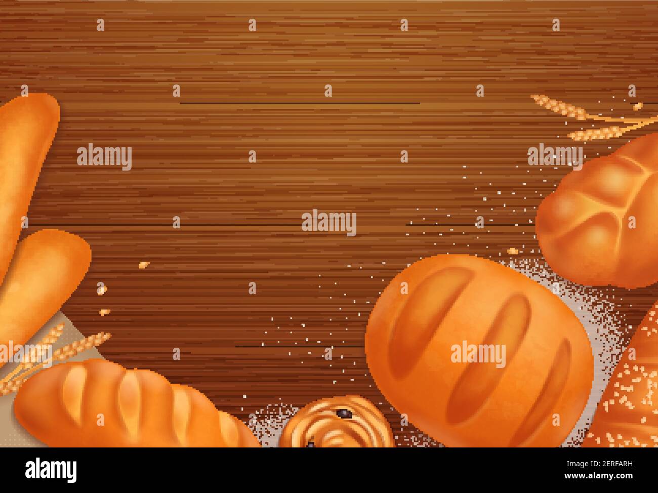 Panificio marrone sfondo realistico con diversi gusti di pane e buns illustrazione vettoriale Illustrazione Vettoriale