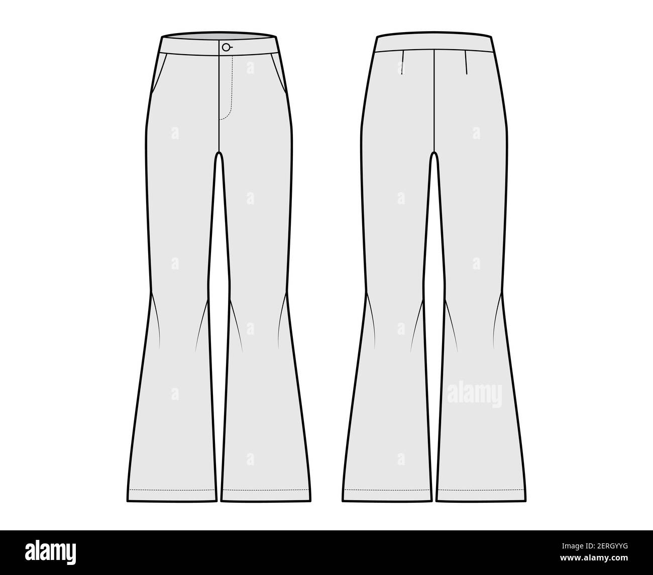 Pantaloni Bell-bottom illustrazione tecnica di moda con vita normale, aumento, tasche inclinate, gambe larghe, lunghezza intera. Pantaloni a fondo piatto, modello di abbigliamento frontale, posteriore, colore grigio. Donne, uomini, CAD unisex Illustrazione Vettoriale